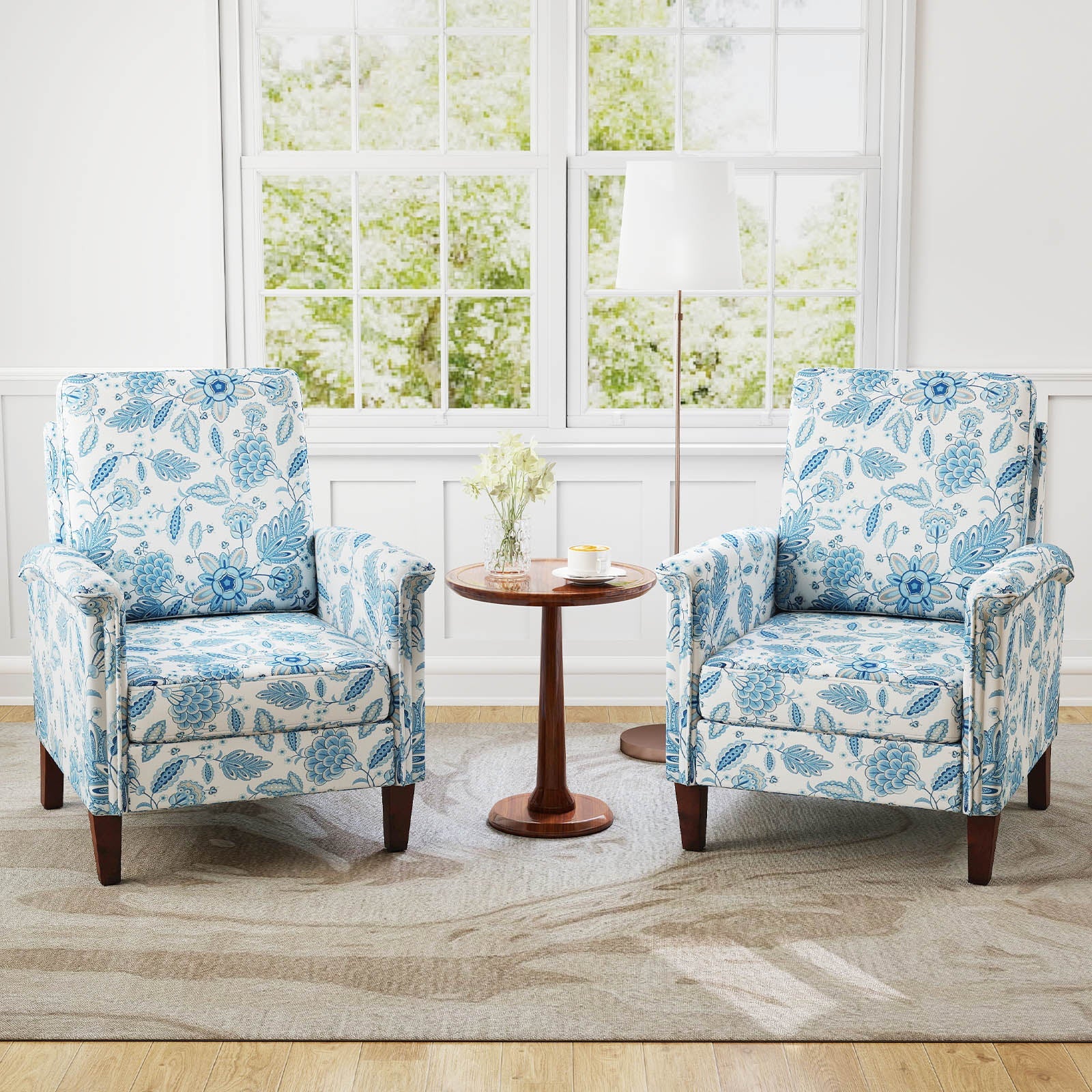 Floral Accent Chair Farmhouse Boho Armchair with Solid Wood Legs and High Back