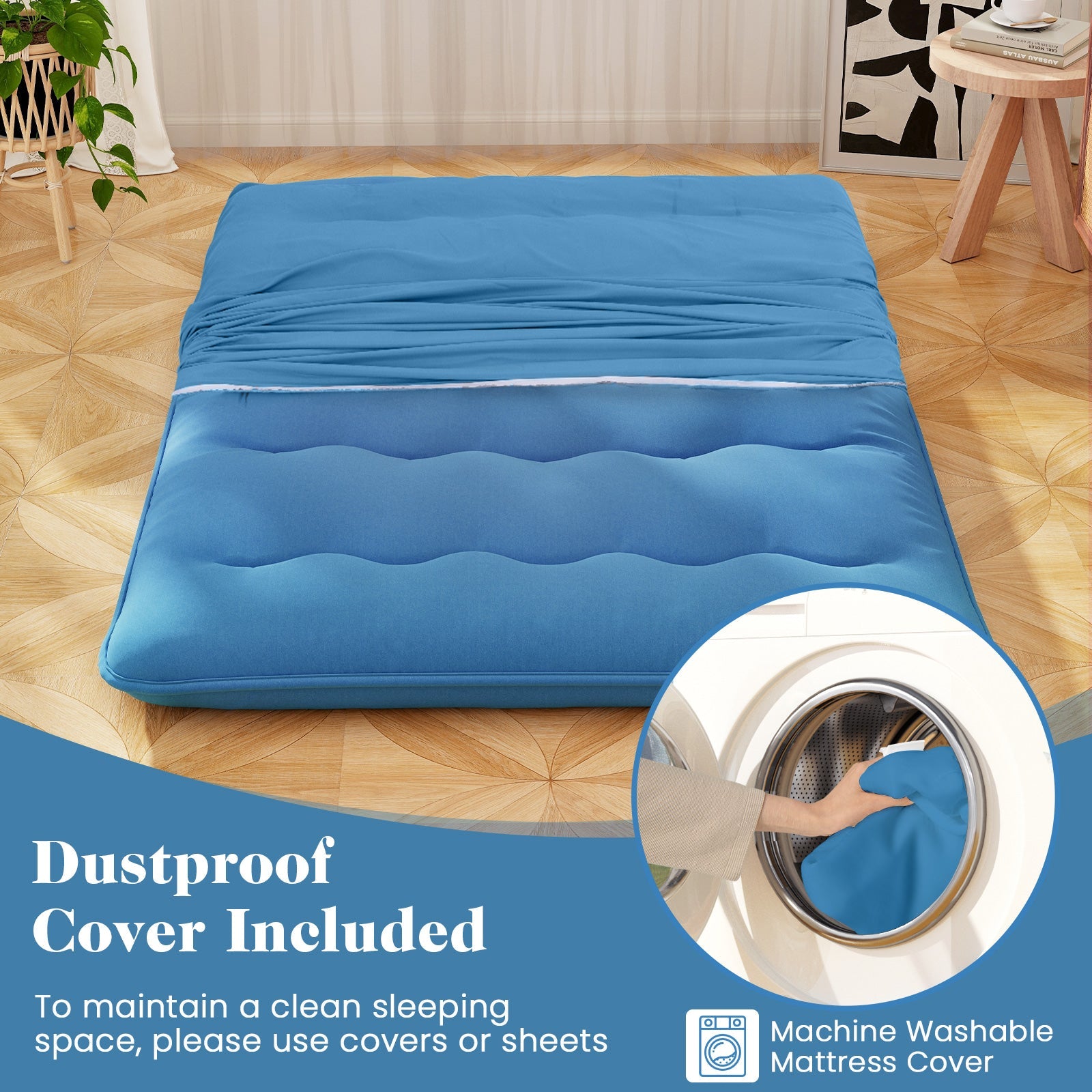 Foldable Futon Mattress with Washable Cover and Carry Bag for Camping Blue