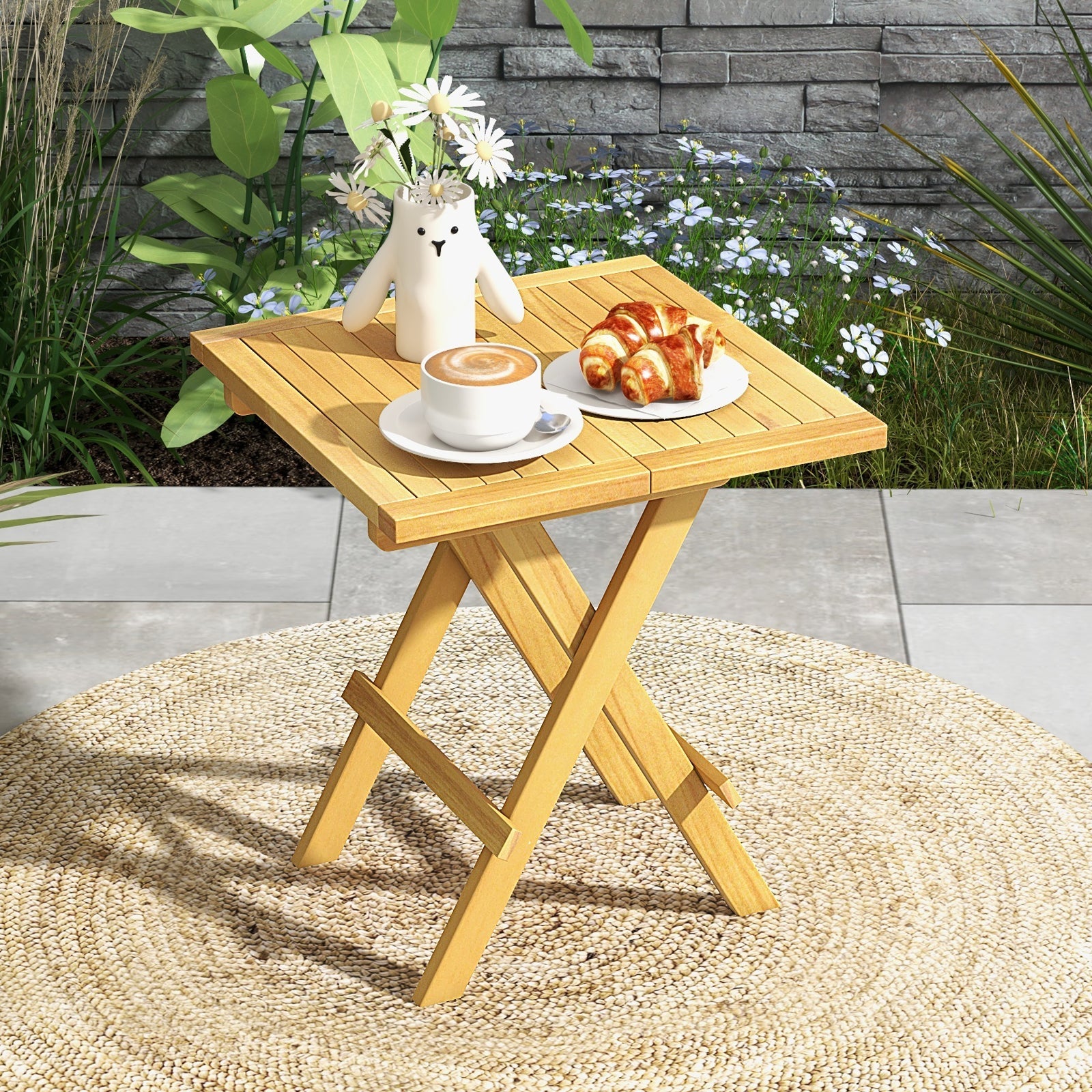Teak Wood Square Coffee Table with X-shaped Legs and Slatted Tabletop