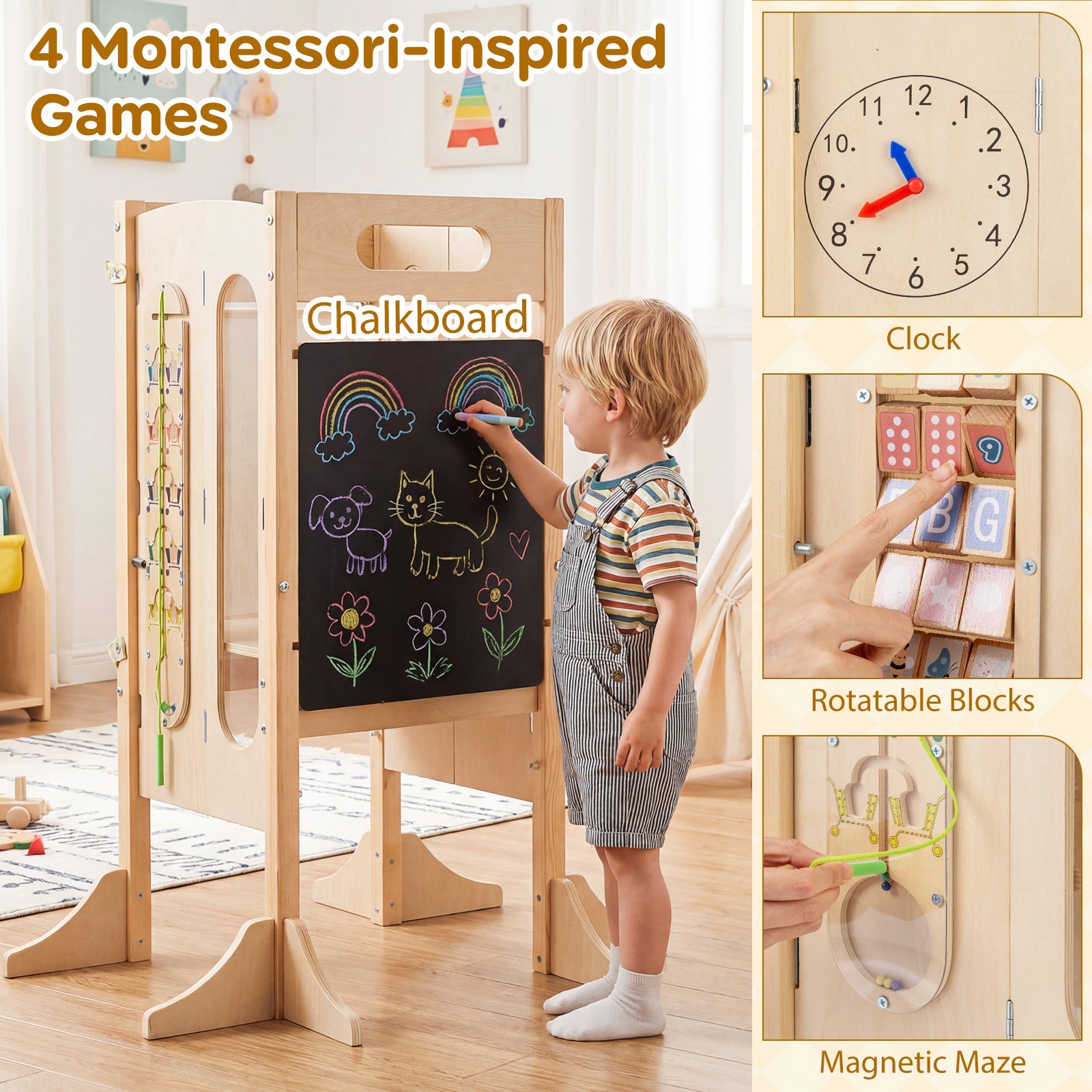 Foldable Toddler Tower with 2-Step Stool and Safety Net for 3+ Years Old