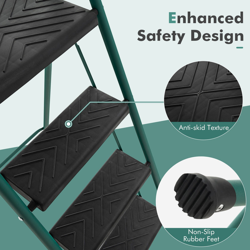Folding 4-Step Ladder with Tool Tray Non-Slip Footpads and Pedals
