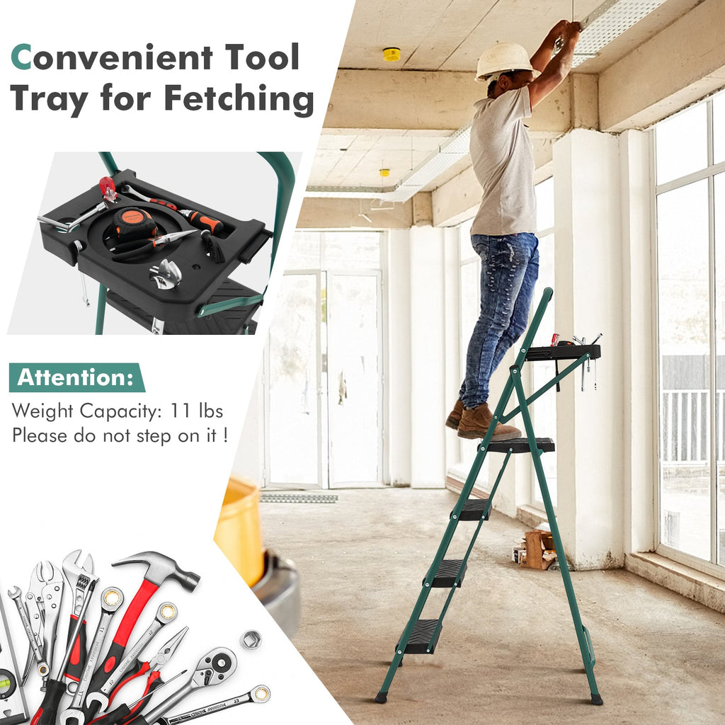 Folding 4-Step Ladder with Tool Tray Non-Slip Footpads and Pedals