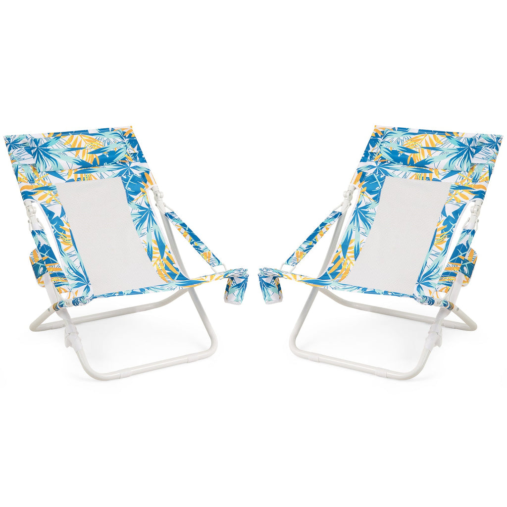 Folding Low Beach Chair Set of 2 Patio Sling Chairs with Padded Head Pillow