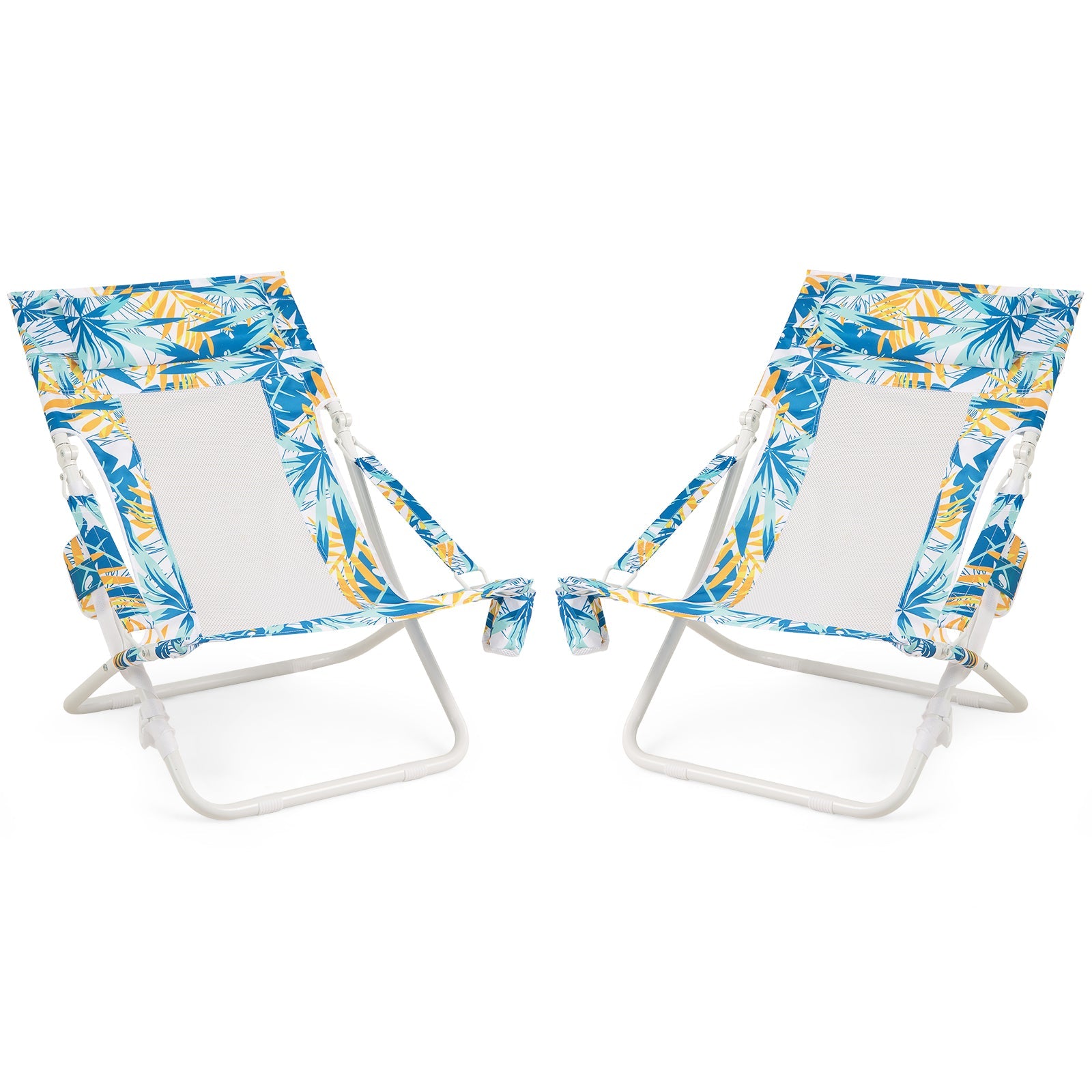 Folding Low Beach Chair Set of 2 Patio Sling Chairs with Padded Head Pillow