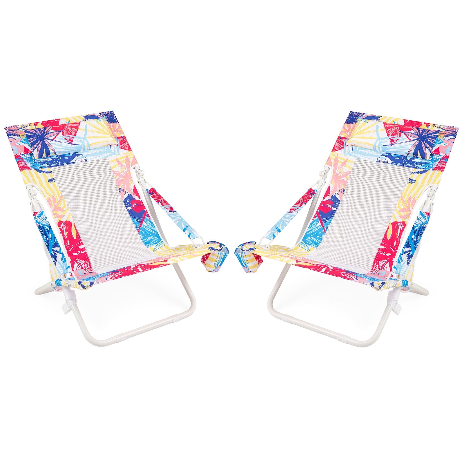 Folding Low Beach Chair Set of 2 Patio Sling Chairs with Padded Head Pillow