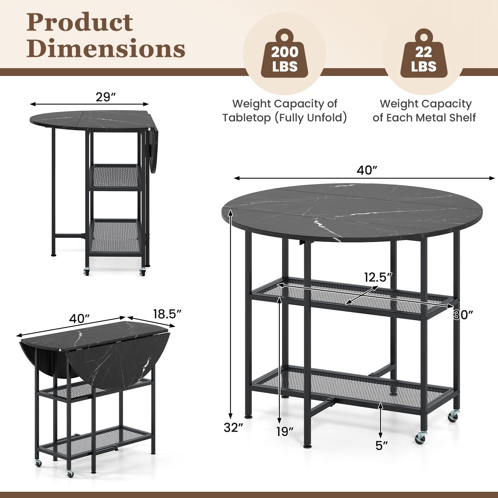 Folding Round Dining Table with Lockable Wheels