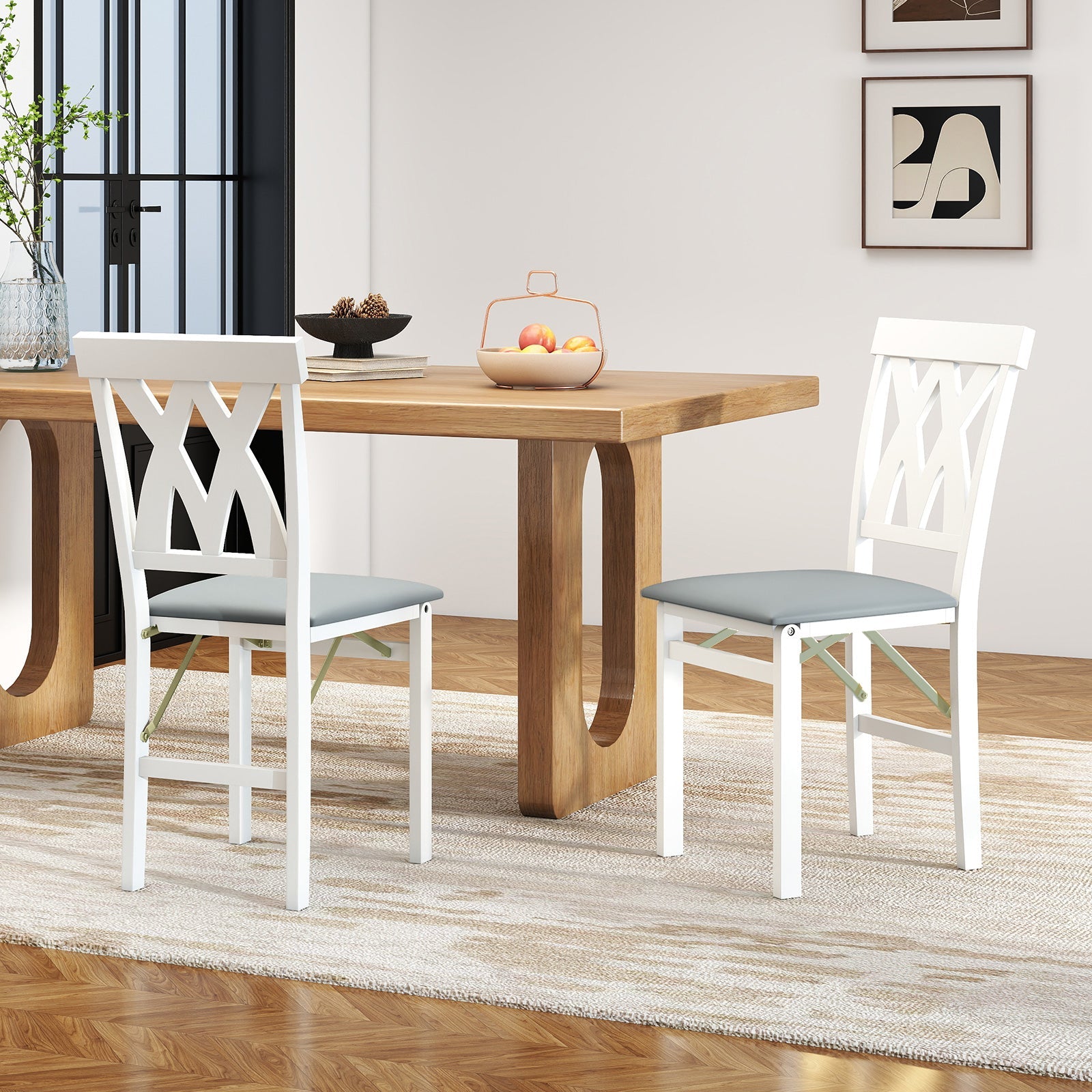 Folding Wooden Dining Chair Set of 2 Faux Leather Upholstered Kitchen Armless Chairs