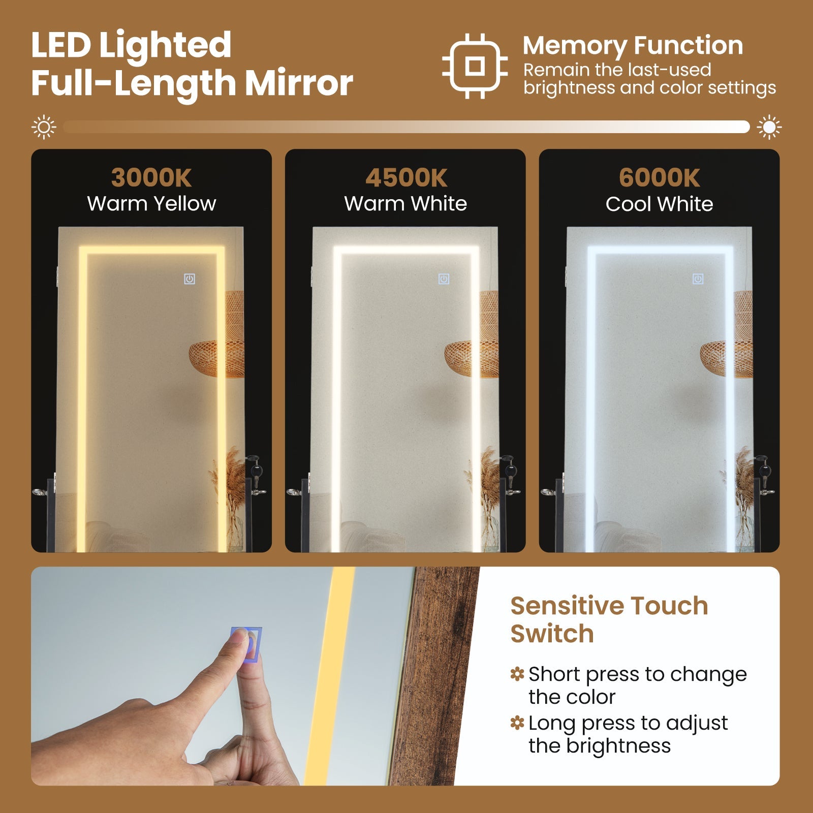 LED Standing Jewelry Mirror Cabinet with 3-Color Lighted Full-Length Mirror
