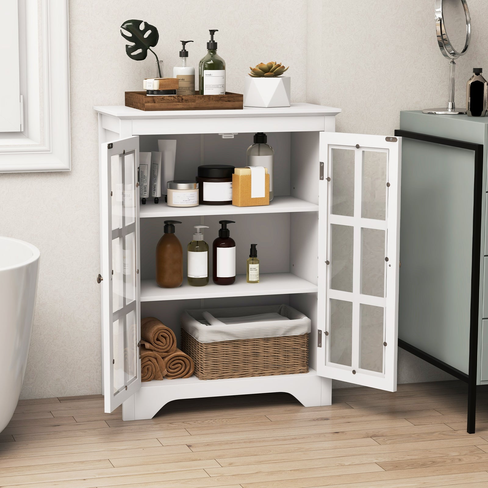 Freestanding Display Storage Cabinet with 2 Glass Doors and Adjustable Shelves