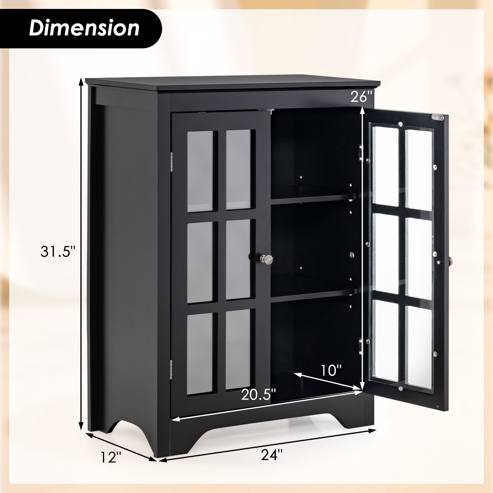 Freestanding Display Storage Cabinet with 2 Glass Doors and Adjustable Shelves
