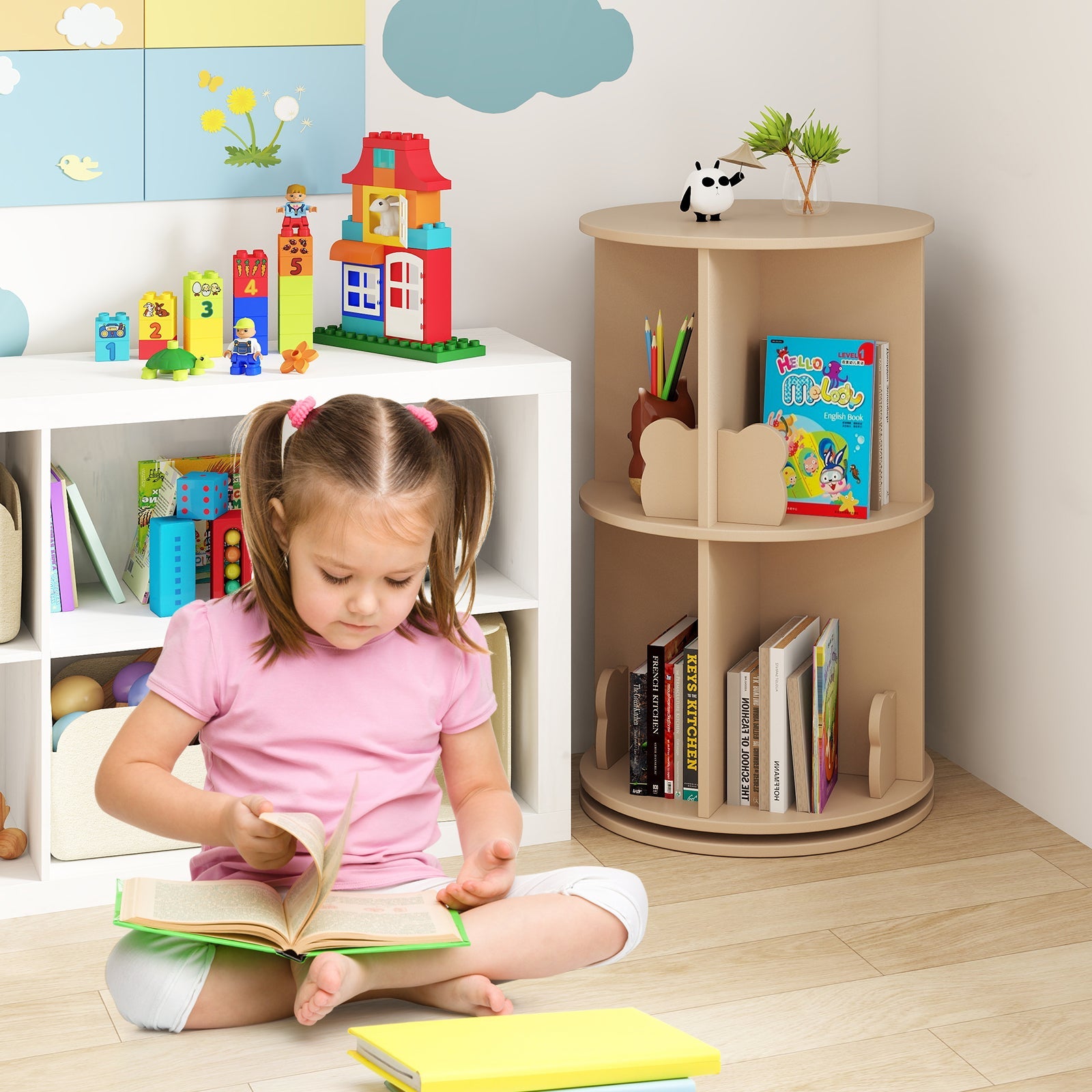 2 Tier Freestanding Kids Rotating Bookshelf Storage Rack with Bear Baffles-Natural