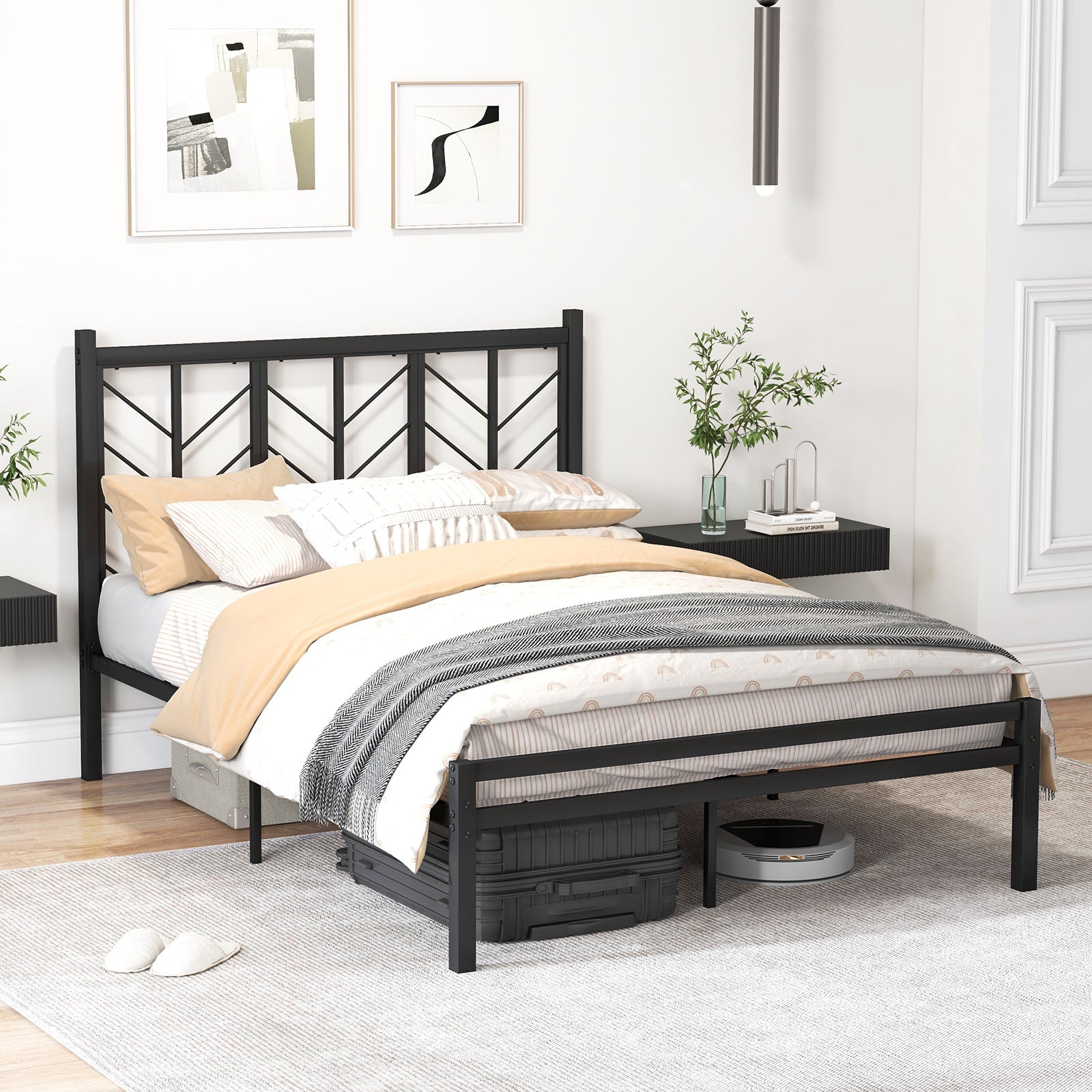 Queen Size Platform Bed with Headboard and Metal Frame