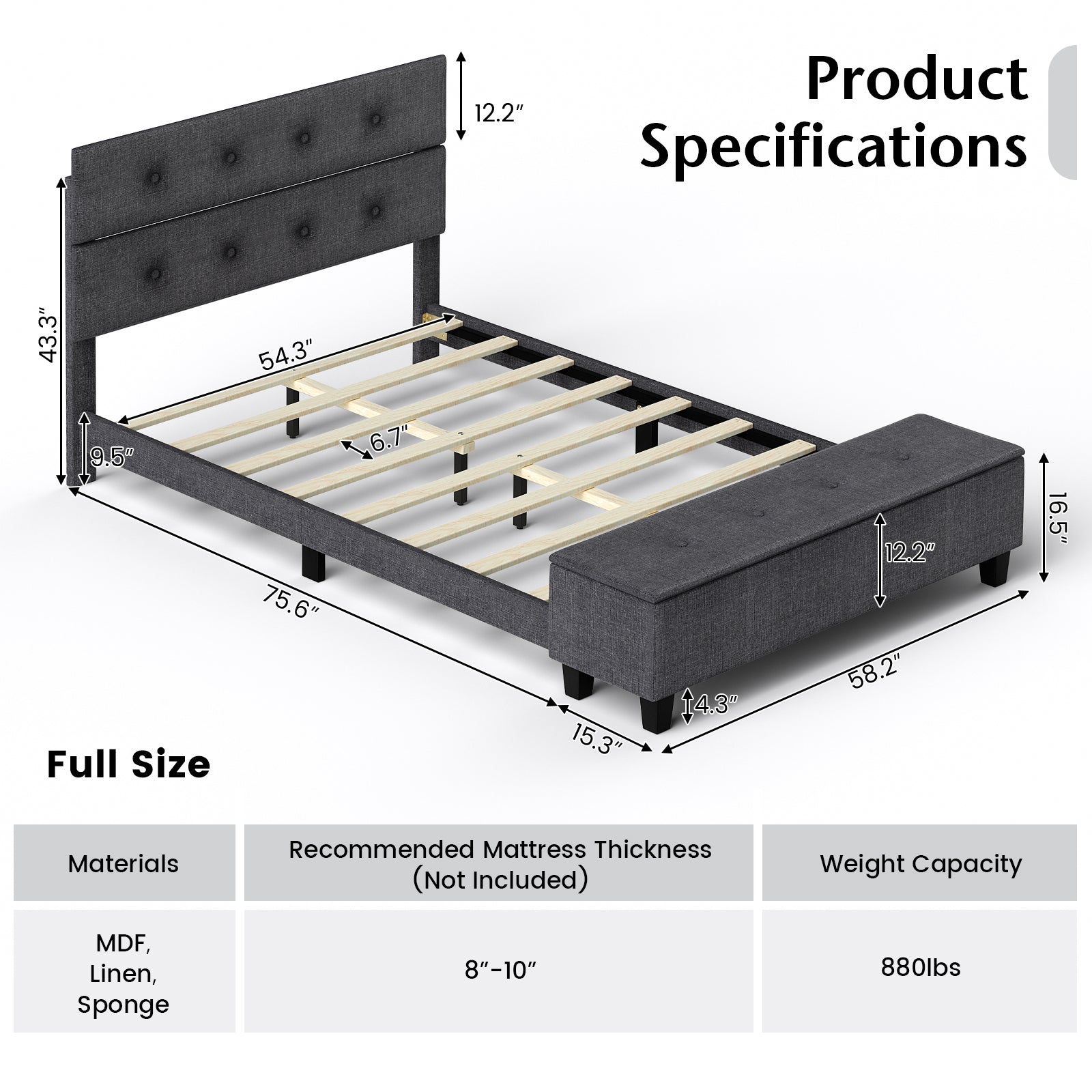 Full/Queen/Twin Upholstered Bed Frame with Ottoman Storage
