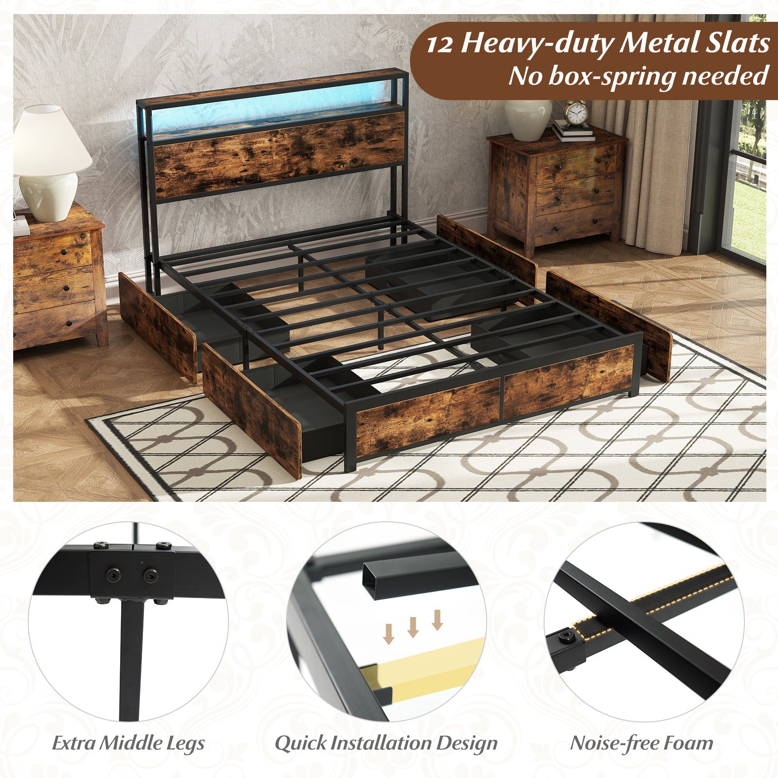 Full/Queen Size LED Bed Frame with Charging Station and 4 Storage Drawers