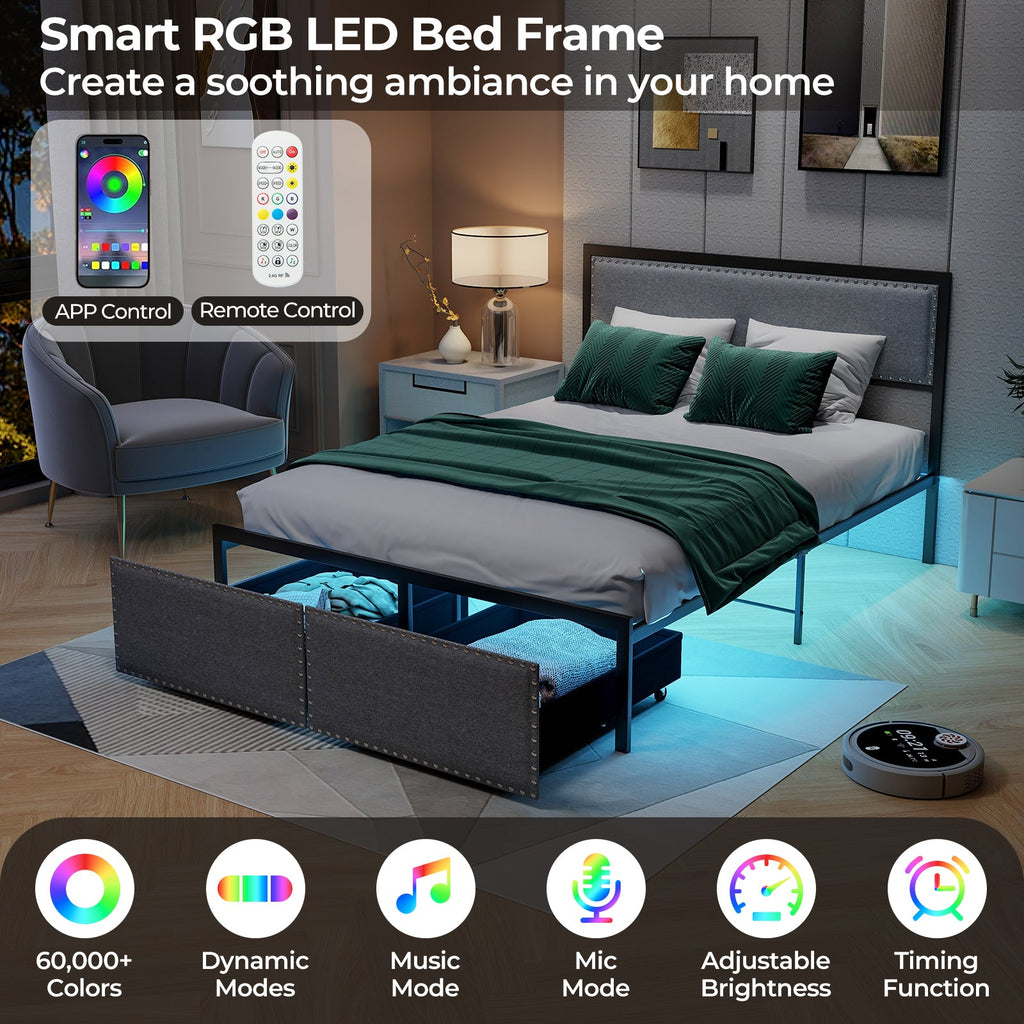 Full/Queen/Twin Size Bed Frame with LED Lights Drawer and Metal Slats