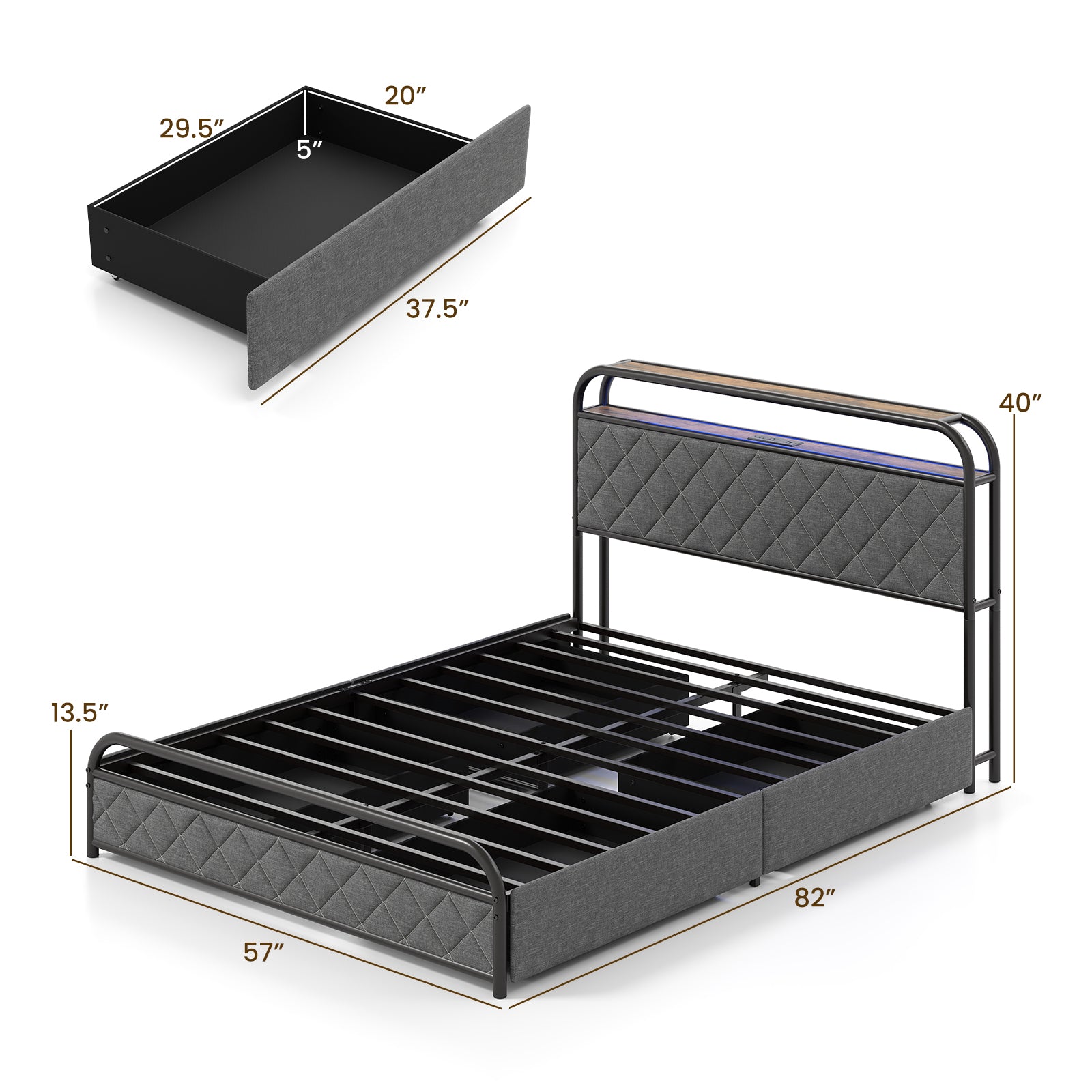 Twin/Full/Queen Size Bed Frame with LED Lights and Charging Station