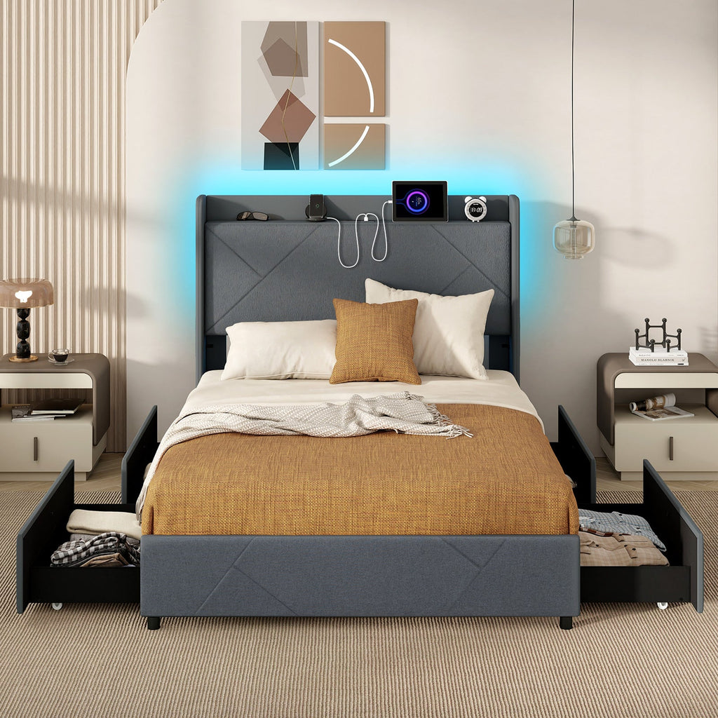 Full/Queen Size Bed Frame with LED Lights and Charging Station