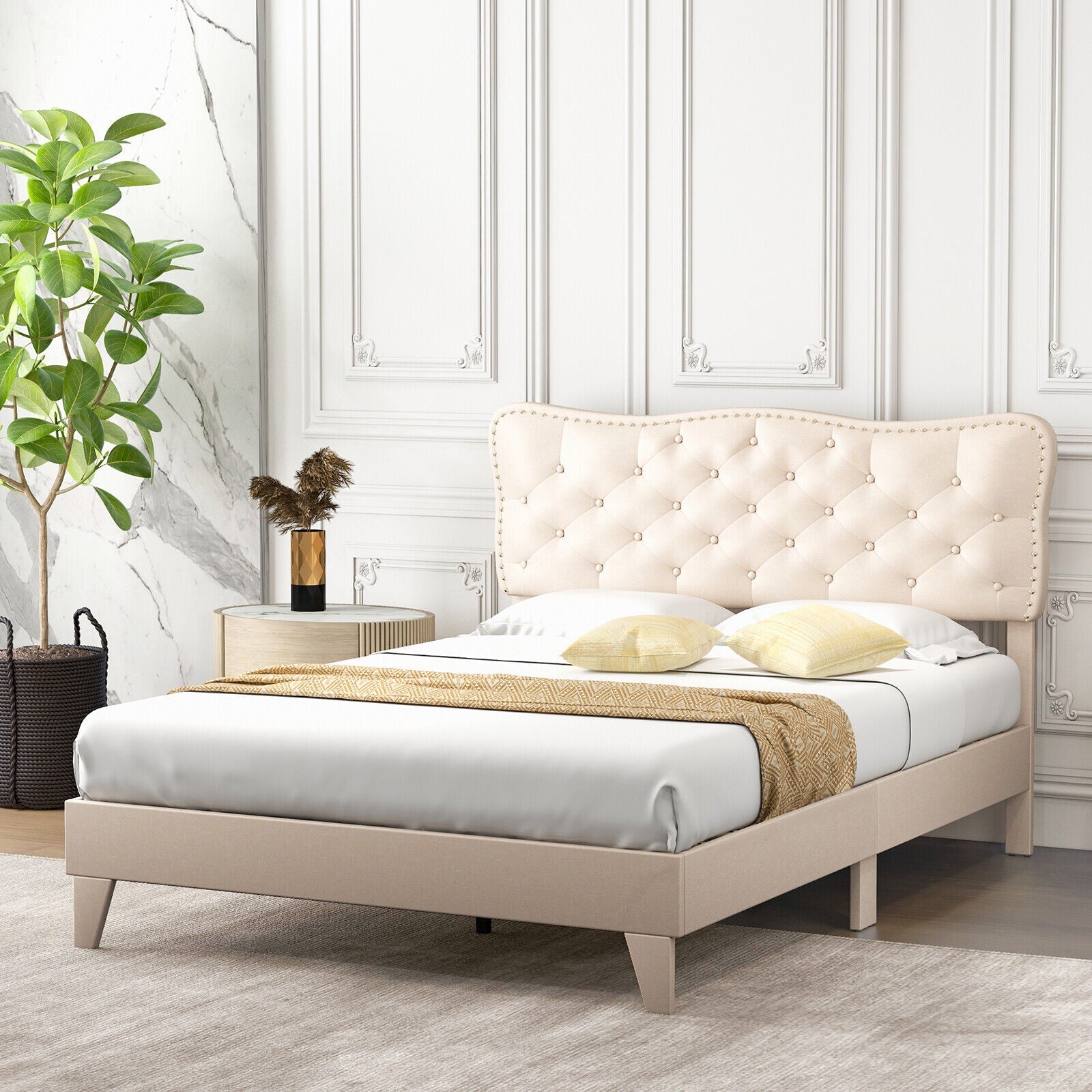 Full Size Bed Frame with Nail Headboard and Wooden Slats