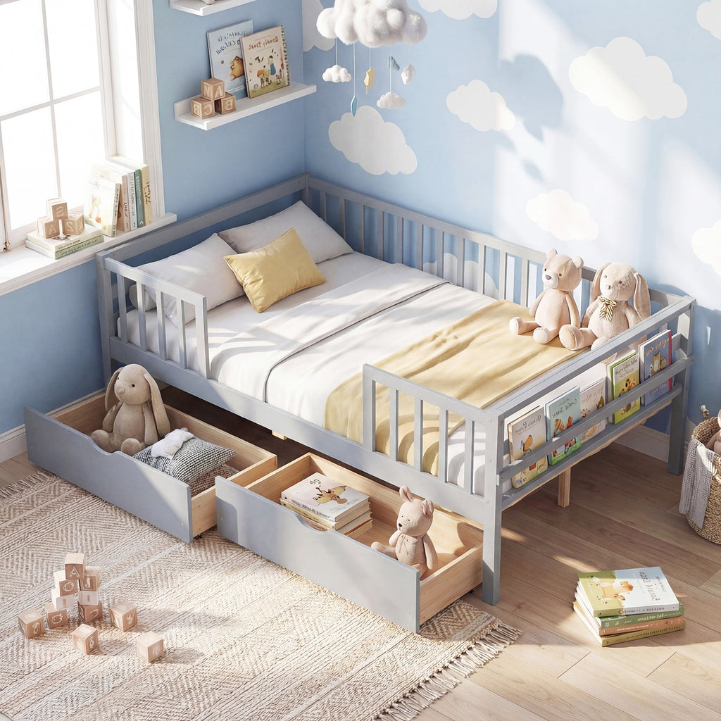 Full Size Daybed with Fence and 2 Drawers for Boys and Girls