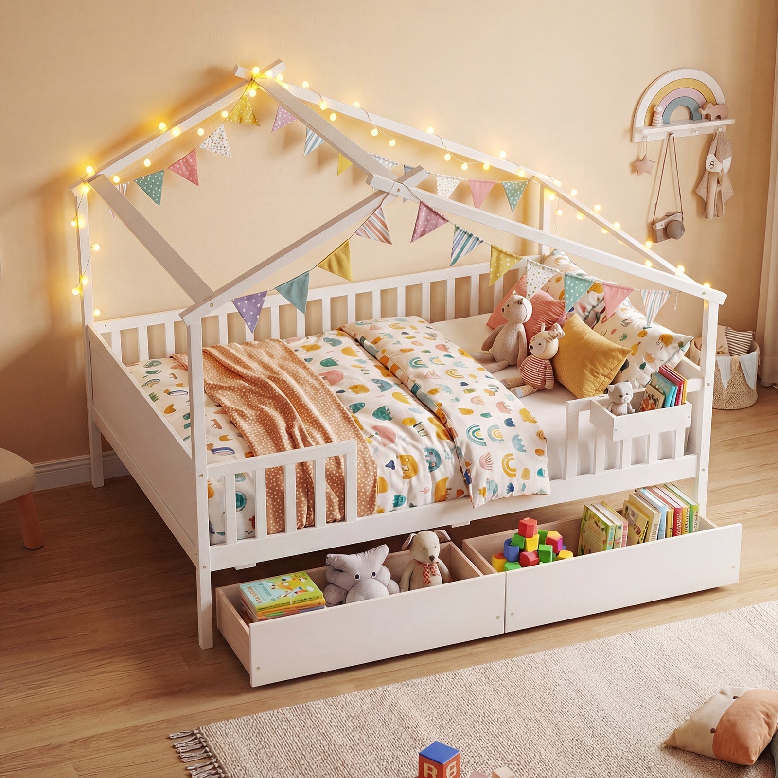 Full Size House Bed with Roof and Fence Rails for Kid