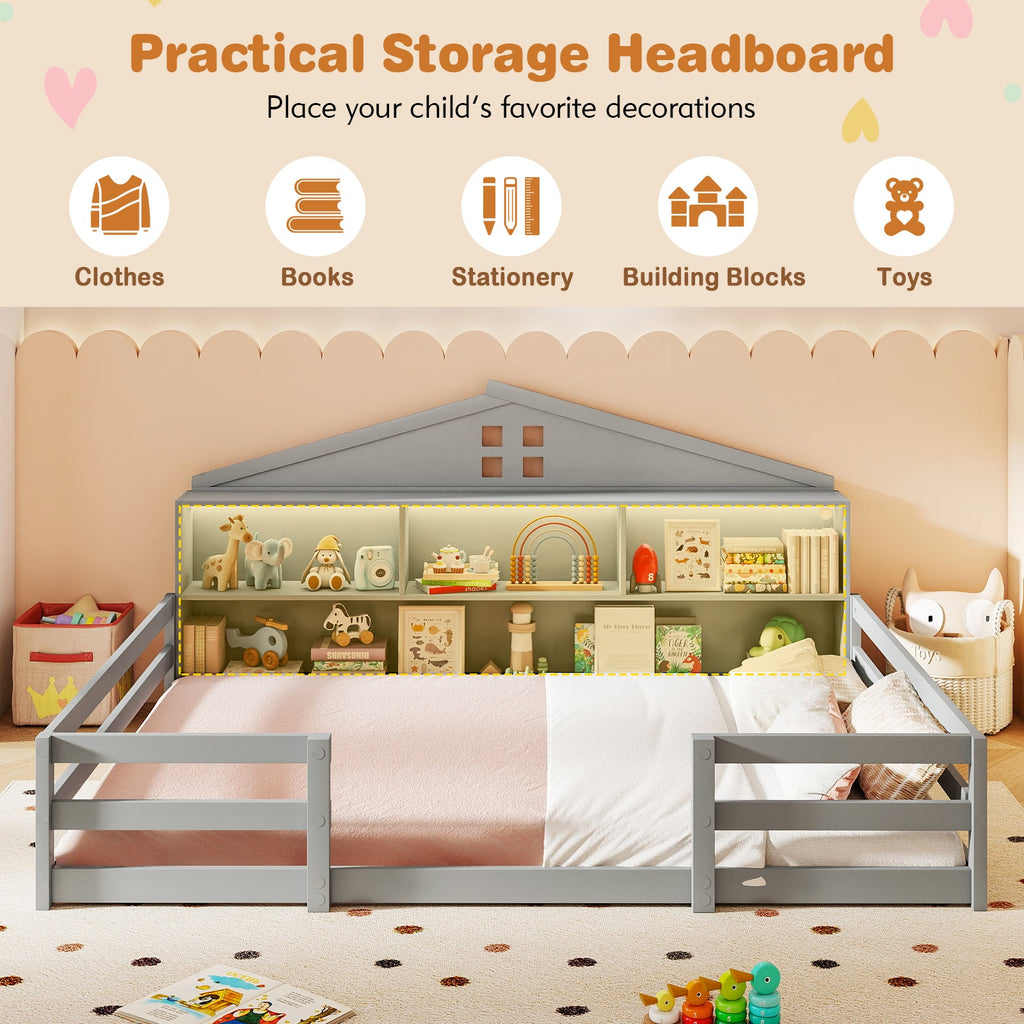 Full Size Montessori Floor Bed with Storage Compartments and Shelf