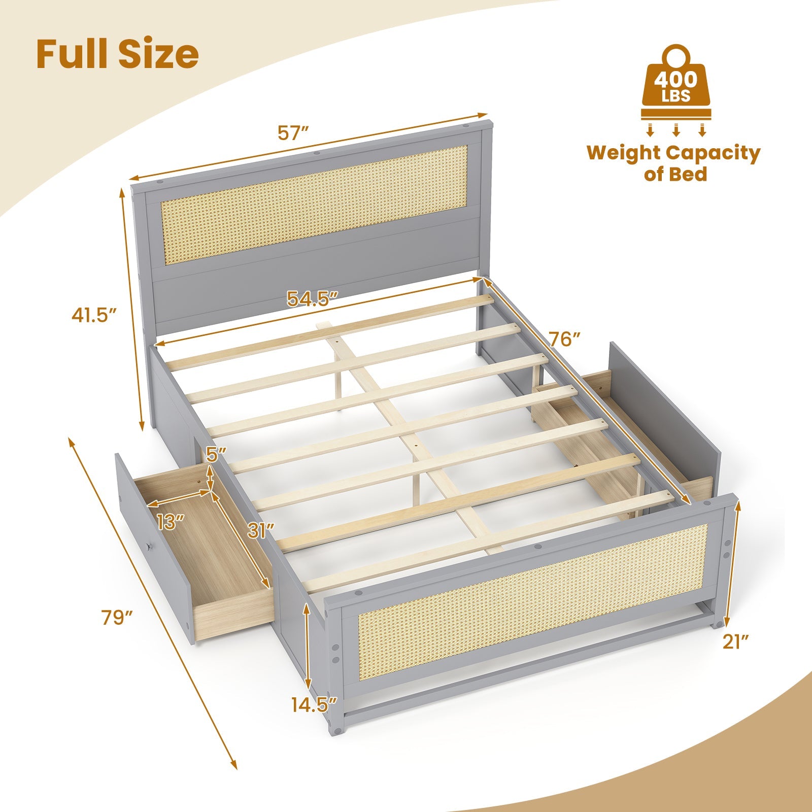 Full Size Rattan Bed Frame with Storage Drawers