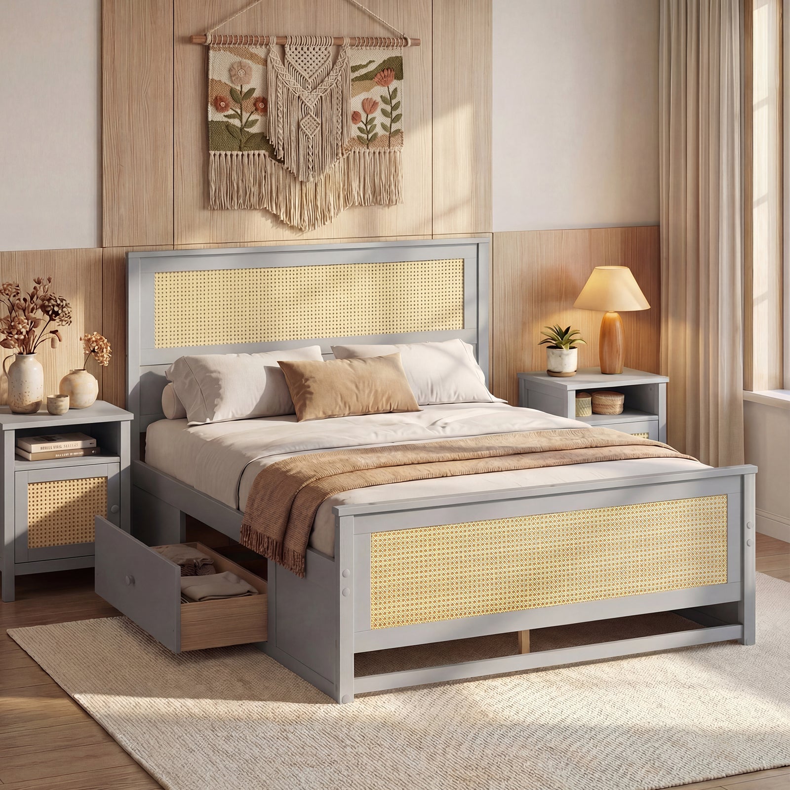 Full Size Rattan Bed Frame with Storage Drawers