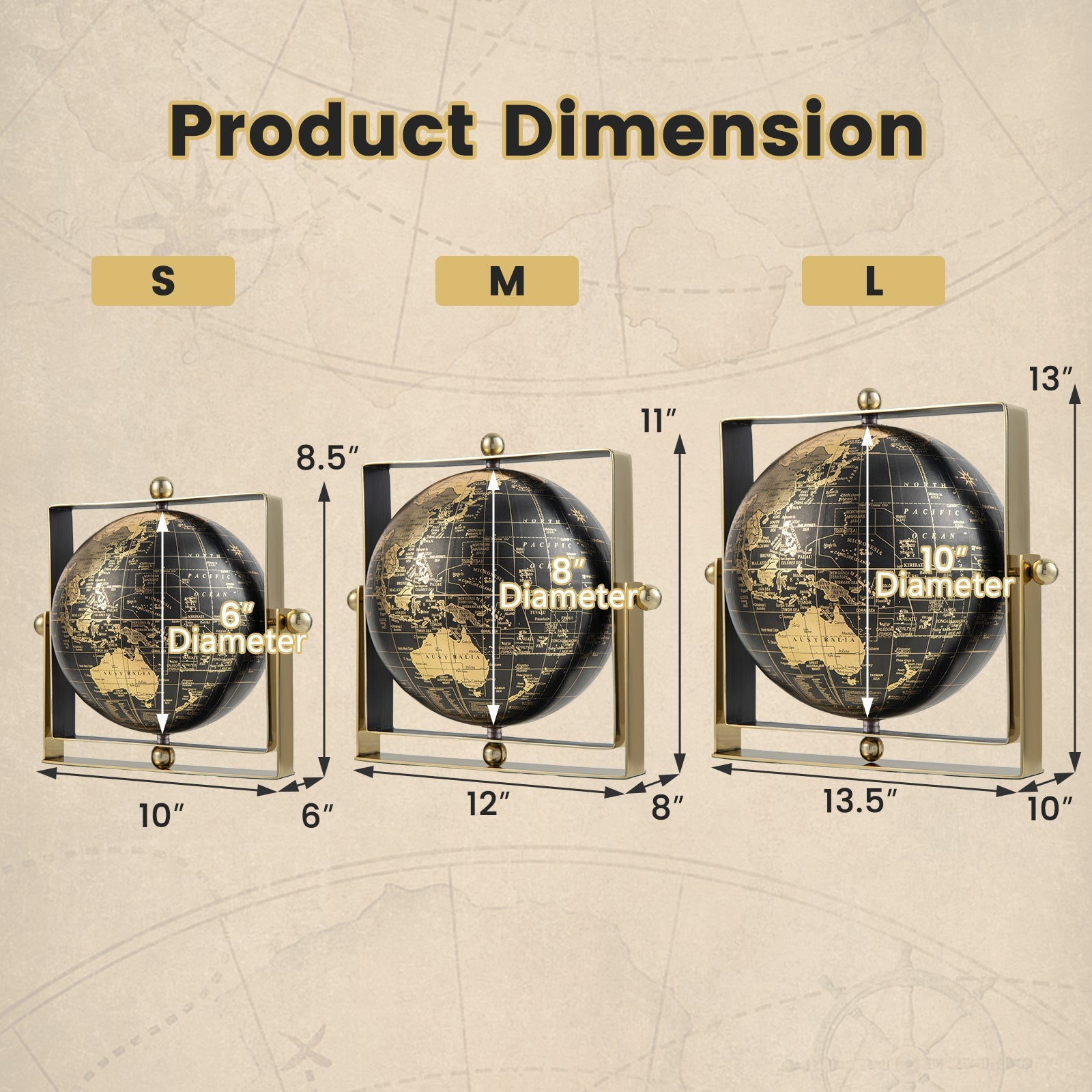 Geographic 6/ 8/ 10 Inch World Globe with Clear Printing and Square Frame