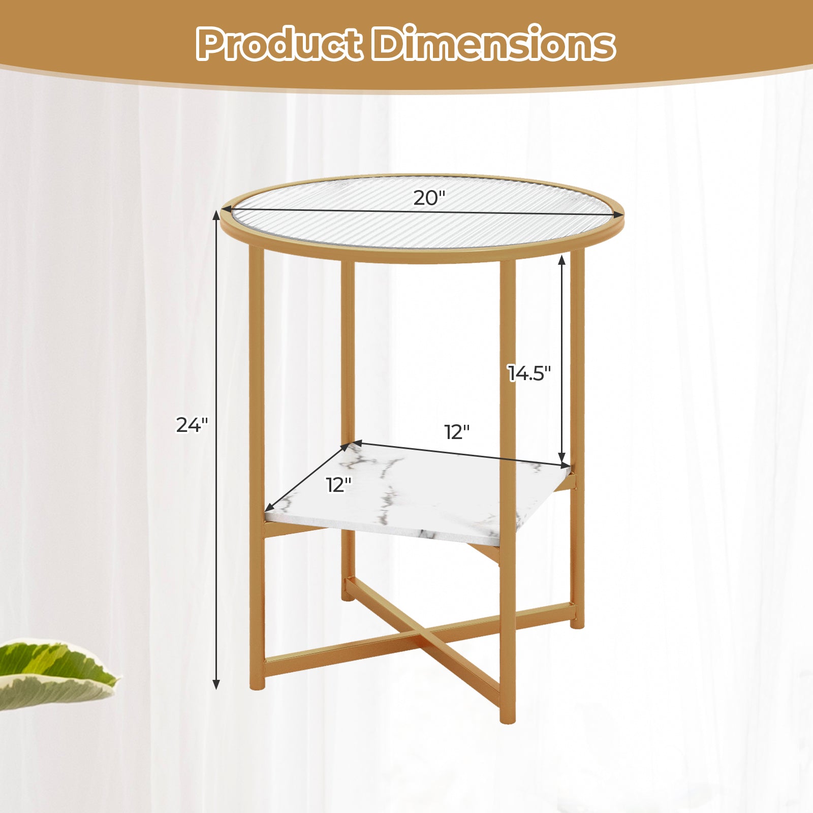 2-Tier Glass End Table Set of 2 with Faux Marble Storage Shelf-White