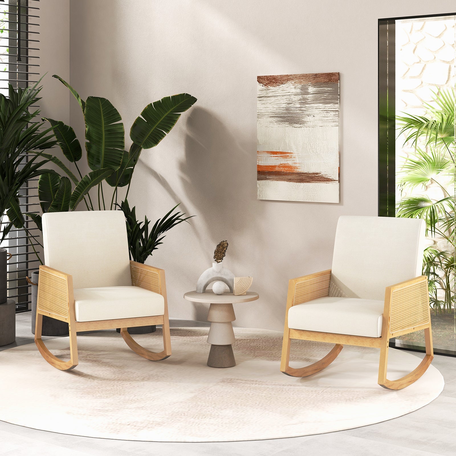 Rocking Chair with Rattan Armrests and Upholstered Cushion-Beige