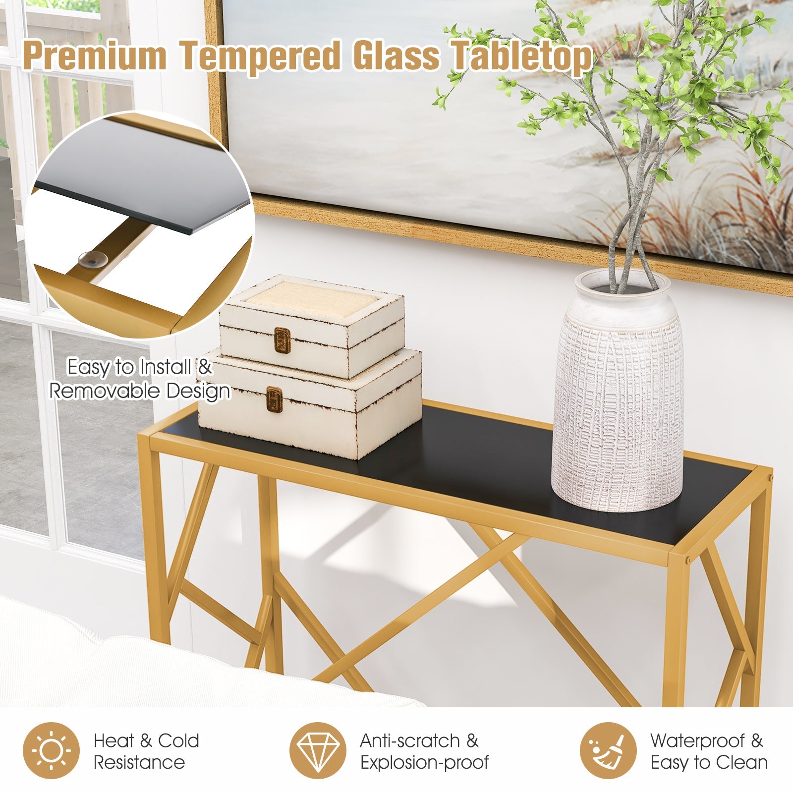 31.5 Inch Golden Heavy-duty Metal Frame Entryway Table with Foot Pads-Black