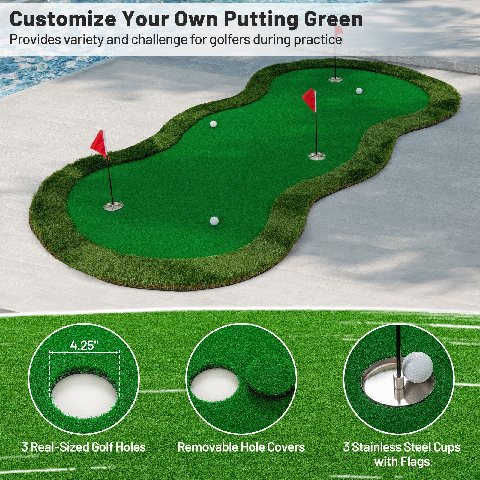 5 x 10 Feet Golf Practice Putting Green Mat with 3 Holes and Golf Balls for Home Office Backyard