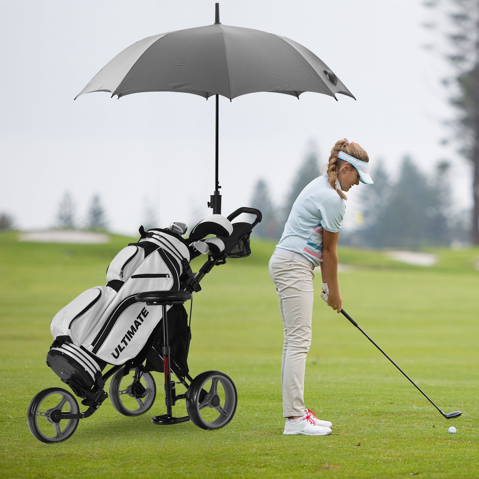 3 Wheels Folding Golf Push Cart with Seat Scoreboard and Adjustable Handle