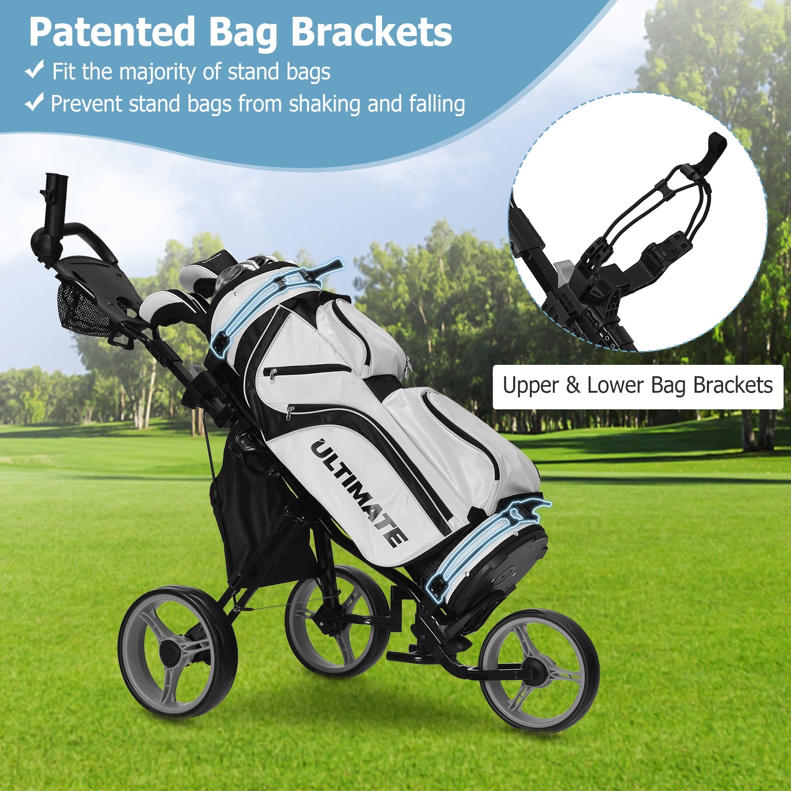 3 Wheels Folding Golf Push Cart with Seat Scoreboard and Adjustable Handle