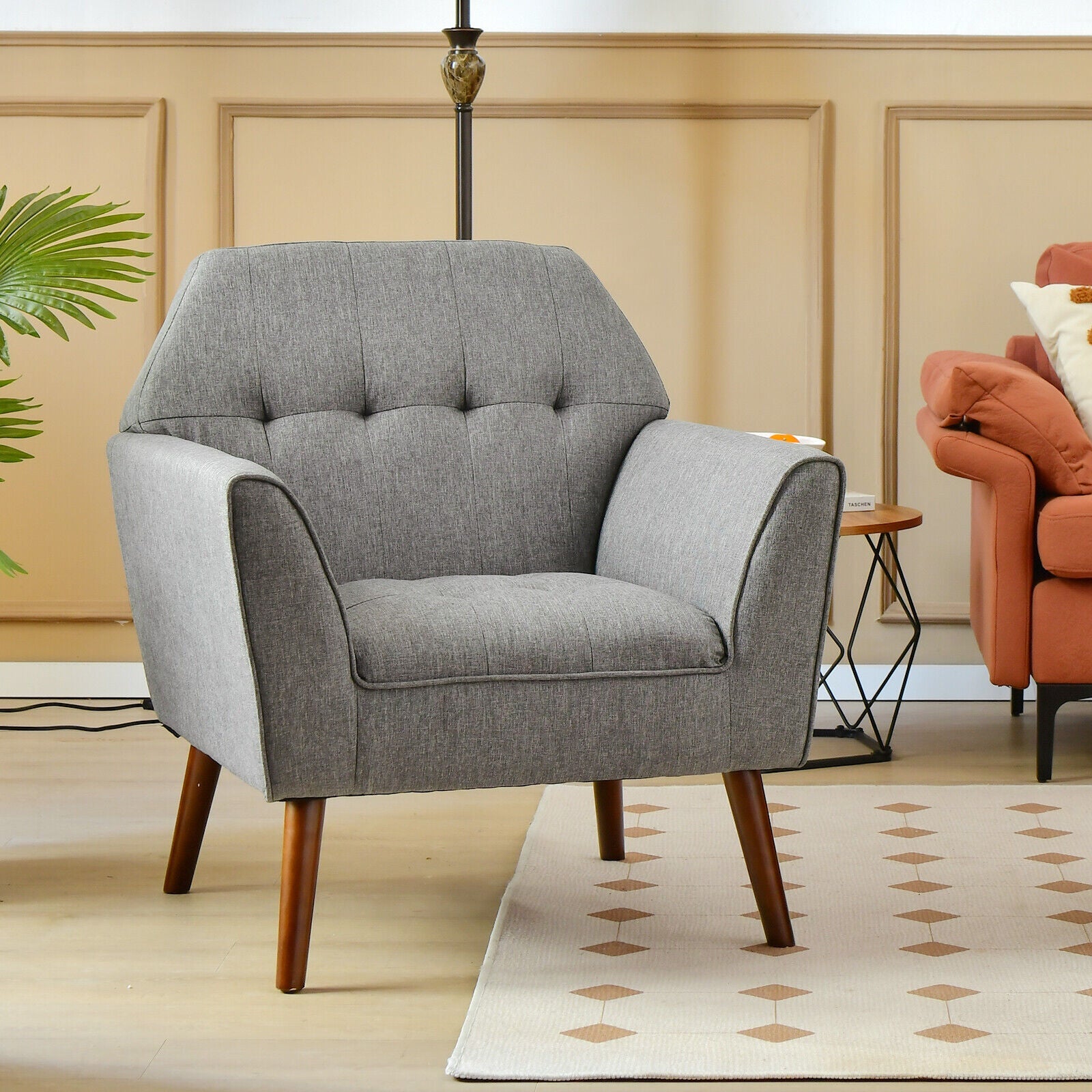 Modern Tufted Fabric Accent Chair with Rubber Wood Legs