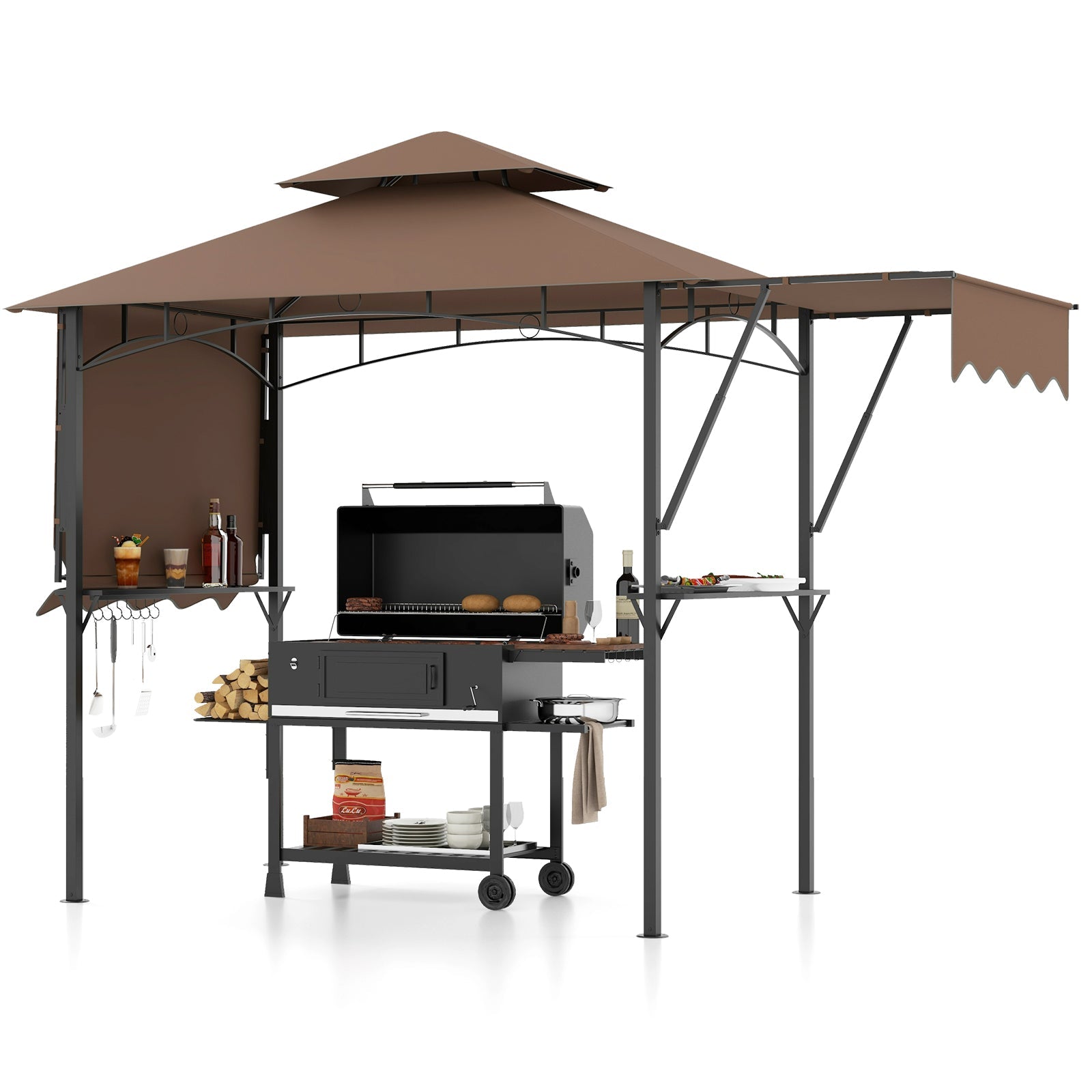 13 x 5 Feet Grill Gazebo with Dual Side Awnings and 2 Shelves Adjustable Shadow