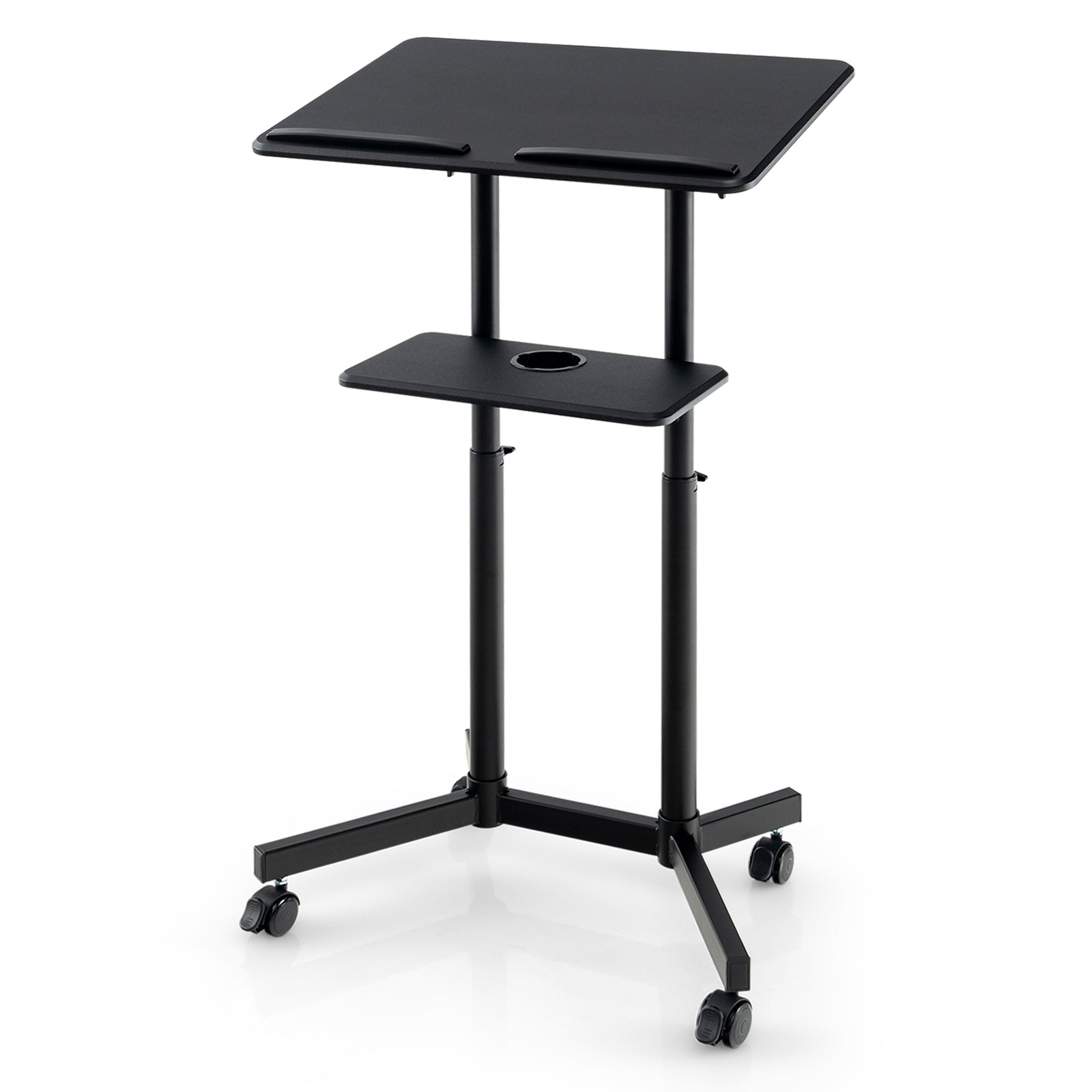 Mobile Lectern Podium Height-adjustable Rolling Laptop Cart with Tilting Top Storage Tray