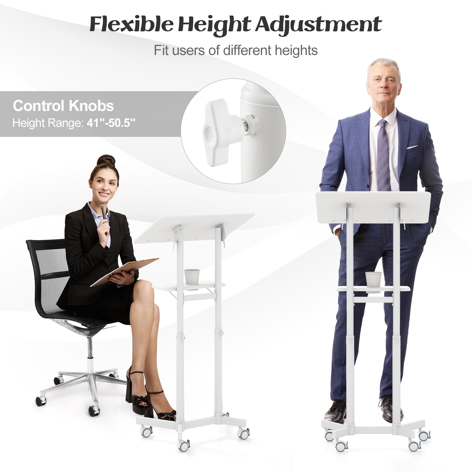Mobile Lectern Podium Height-adjustable Rolling Laptop Cart with Tilting Top Storage Tray