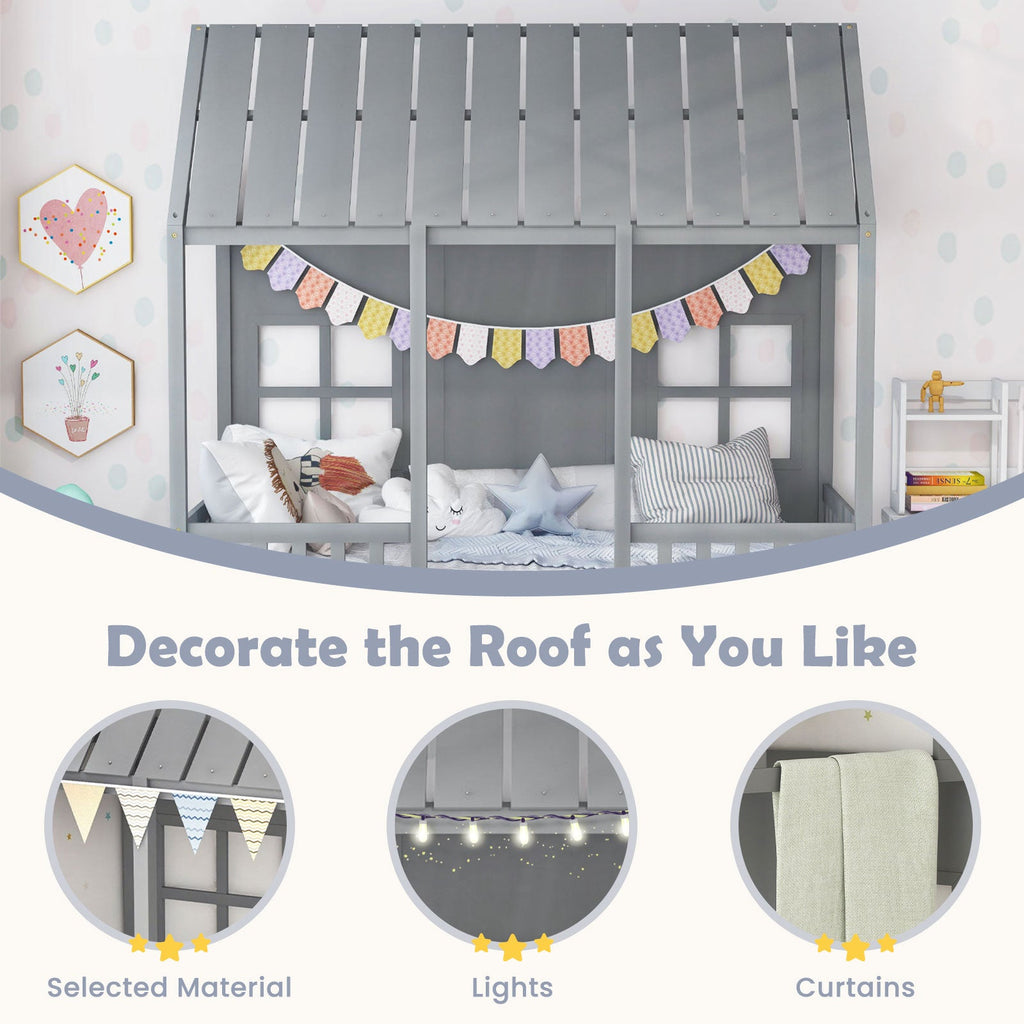 Twin Size Bed Frame House Bed with Trundle and 82 Inch Tall Roof