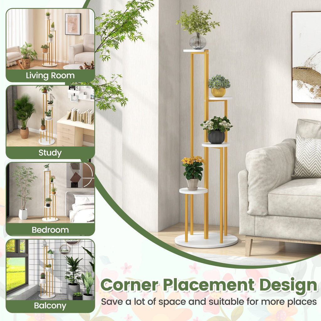 Indoor Metal Plant Stand Corner Plant Shelf for Potted Plant with Golden Metal Frame-White