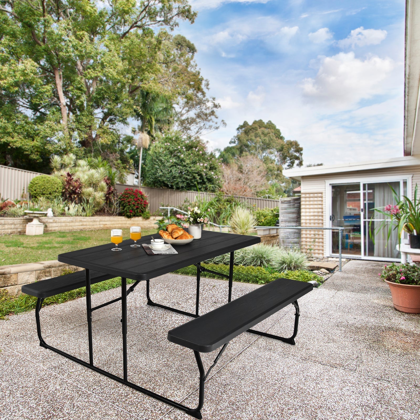 Indoor and Outdoor Folding Picnic Table Bench Set with Wood-like Texture