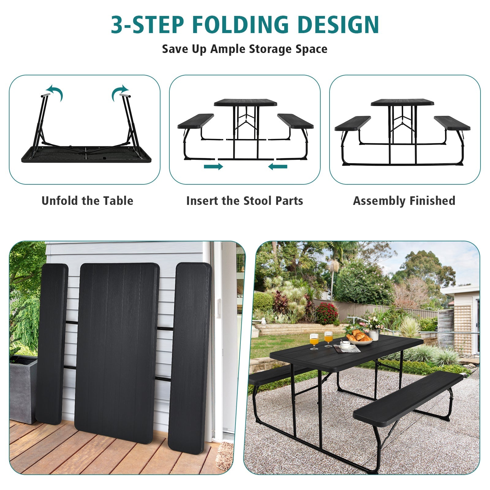 Indoor and Outdoor Folding Picnic Table Bench Set with Wood-like Texture