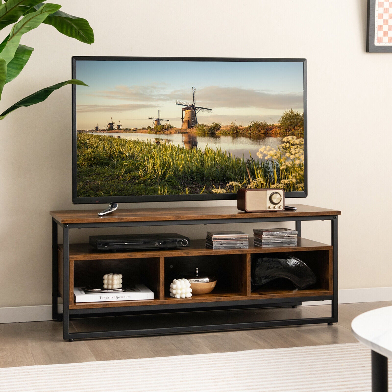 3-Tier Industrial Style Coffee Table with Open Shelf and 3 Storage Cubbies-Rustic Brown