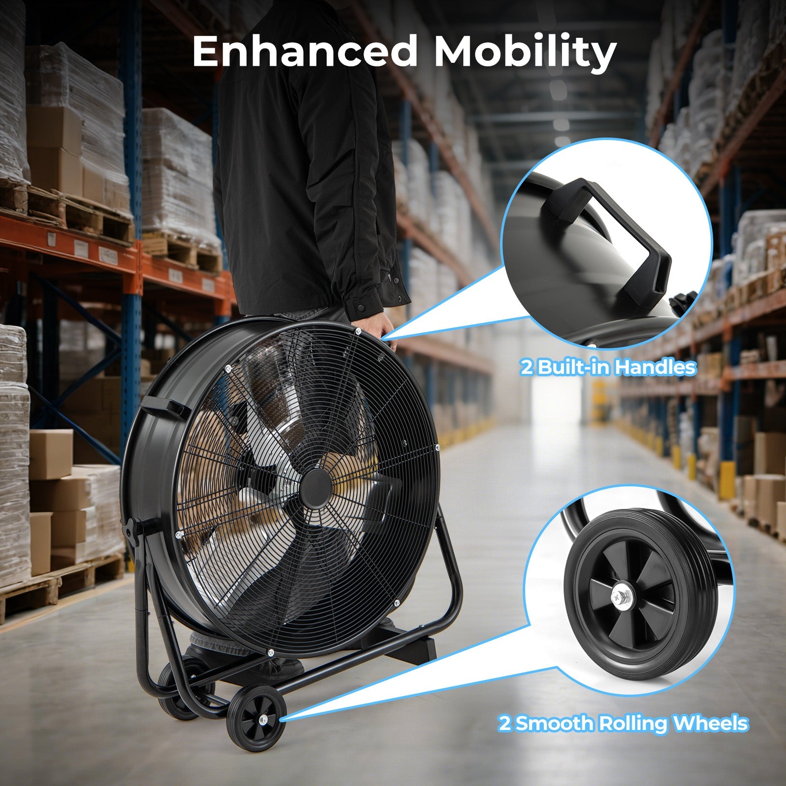Industrial Drum Fan with 2 Wheels and 360-Degree Adjustable Tilt-Black