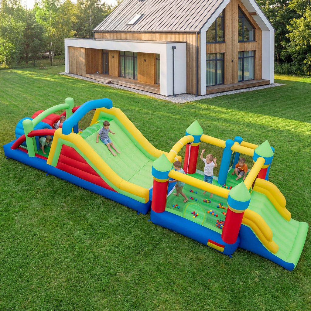 Inflatable Obstacle Course Bounce House with Dual Slides and Tunnels without Blower