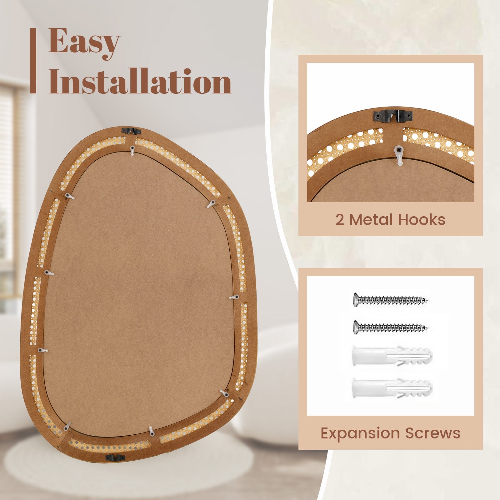 33 Inches x 23.5 Inches Irregular PVC Rattan Wall Mirror with Wooden Frame-Natural