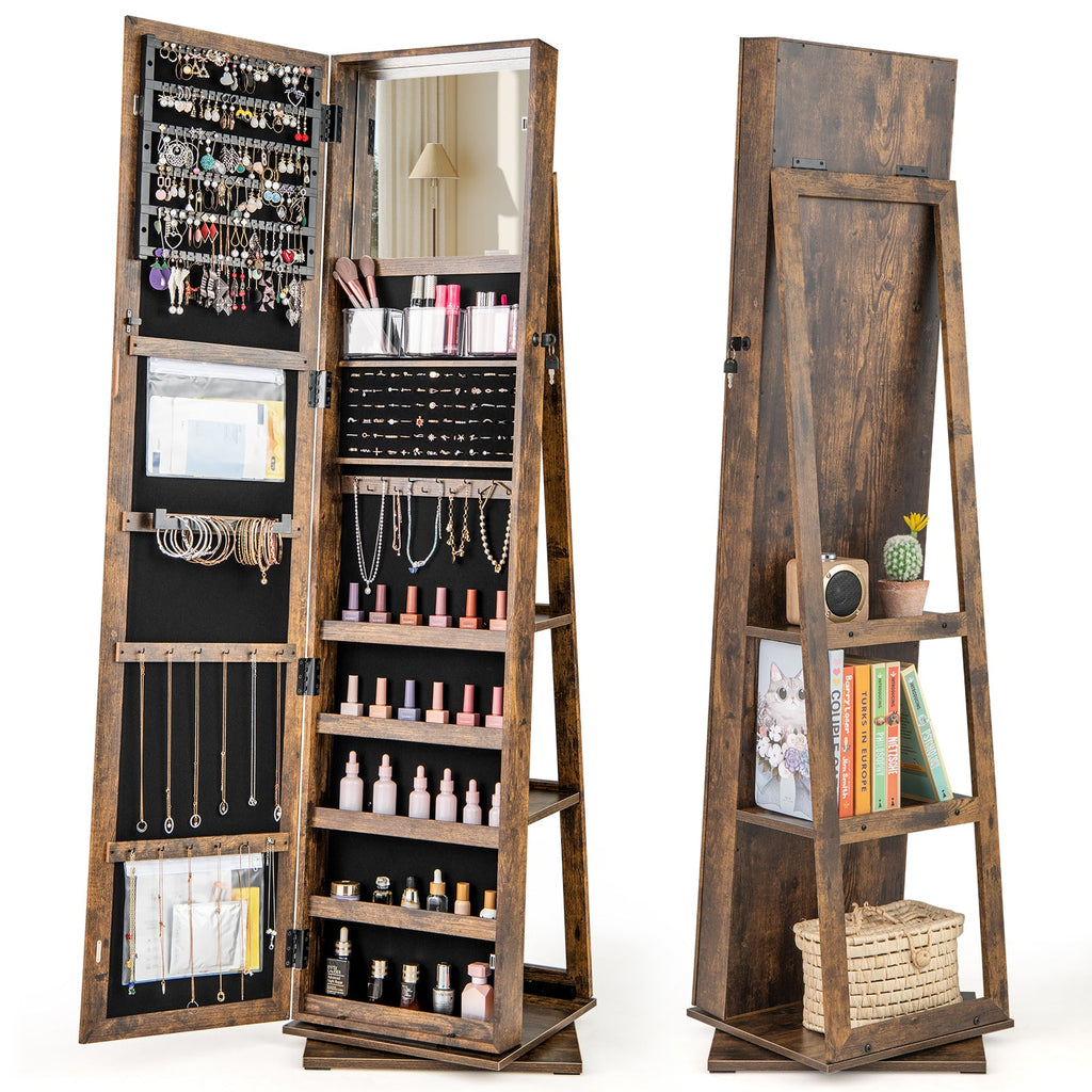 360¬∞ Swivel Jewelry Armoire Standing Jewelry Organizer with Full Length Mirror and Back Shelves