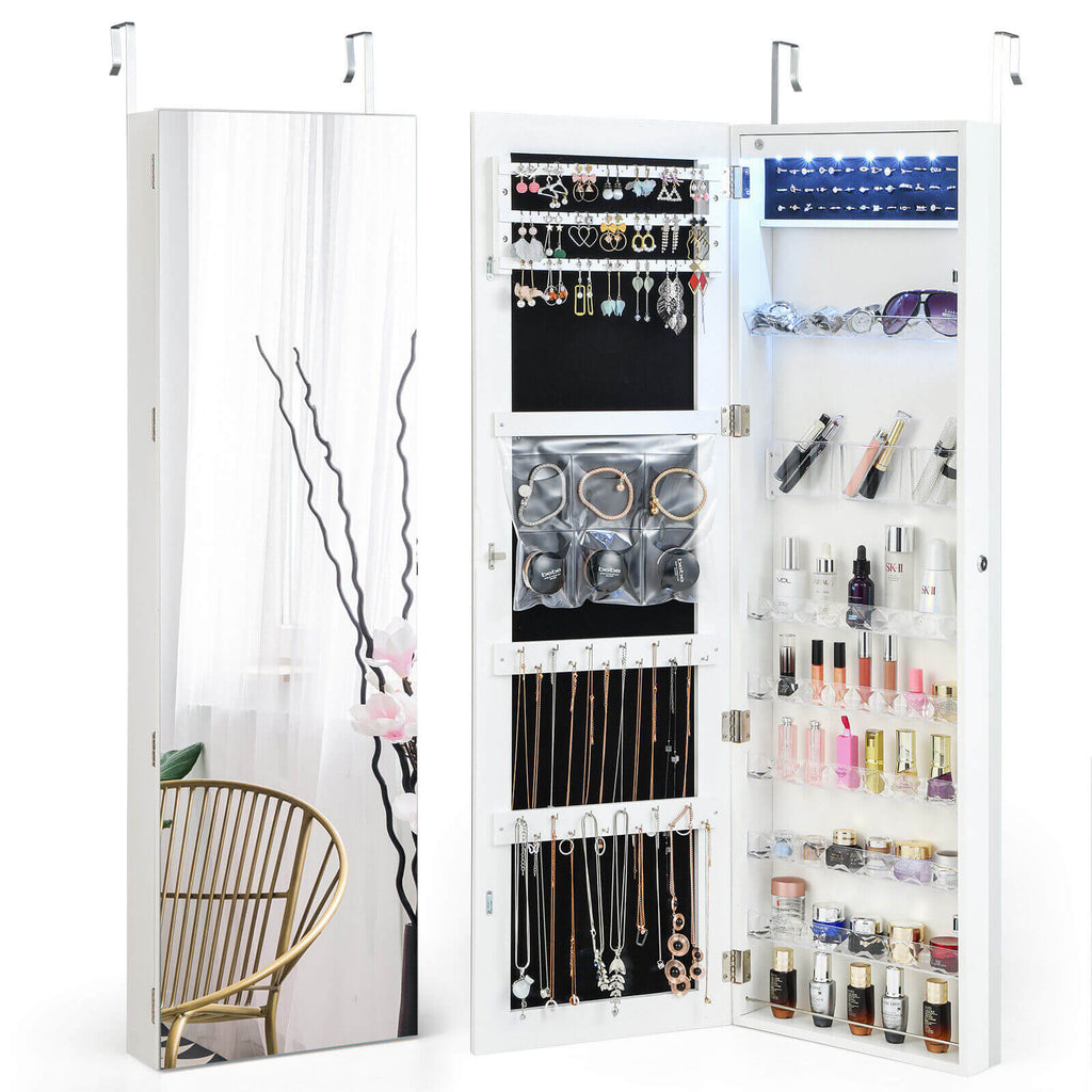 Wall Door Mounted Jewelry Armoire with Frameless LED Mirror