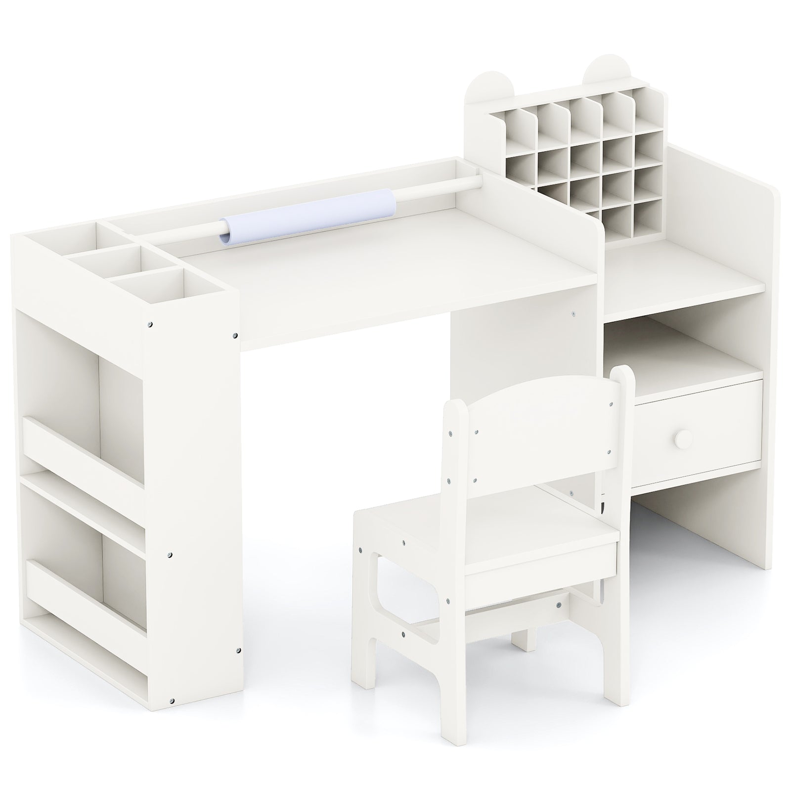 Kids Art Table and Chair Set with Detachable Paper Roll Holder and Cabinet