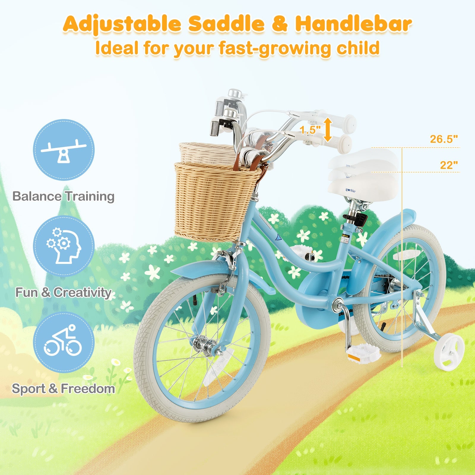 16-Inch Kids Bike with Training Wheels and Adjustable Handlebar Seat